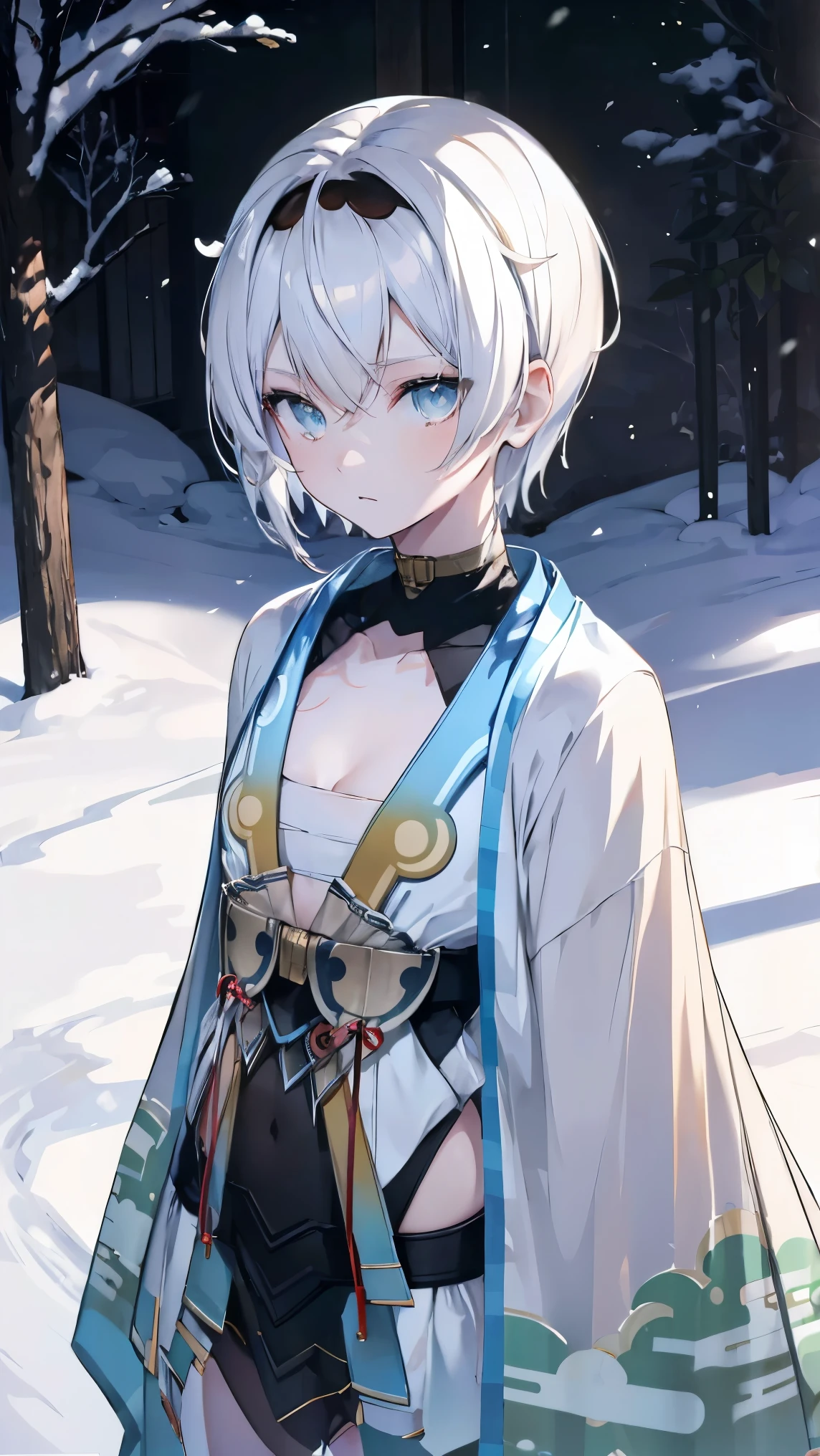  top quality, girl、 Silver Hair、(Whitening skin)、 sky blue eyes、 very short hair,Short Hair, straight hair、Petite、armor、 slender, cleavage,kimono,Ninja, slender、forest,Snow Scene, boyish,