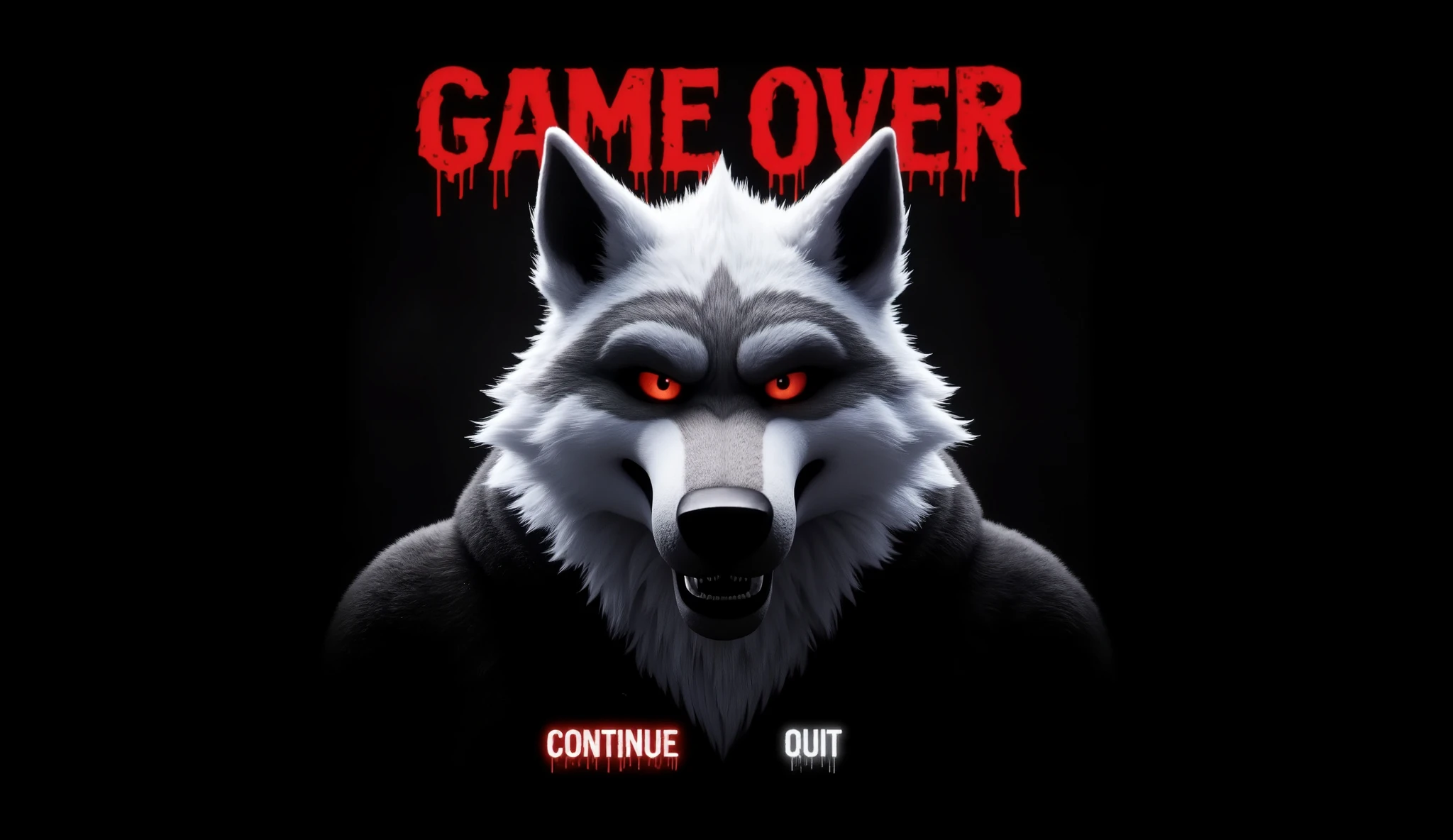 dramatic and cinematic "Game Over" screen inspired by God of Death. The background is pitch black, amplifying the tension and isolation. In the center of the scene, the character Death Wolf (inspired by the film Puss in Boots: The Last Wish) is depicted up close, glaring directly at the viewer with a fiery intensity. His glowing red eyes radiate anger and disappointment, and his sharp white fur is subtly illuminated by an eerie red light. His expression is menacing, with bared teeth and a furrowed brow, conveying frustration and disdain for the player's failure.

Above him, in large, bold, blood-red gothic letters, the words "GAME OVER" loom ominously, dripping slightly as if written in blood. Below, two options appear in stylized text:

"CONTINUE" (glowing faintly with a pulsating red aura).
"QUIT" (dim and shadowed, exuding a sense of finality).
A subtle, ominous soundscape accompanies the screen, featuring faint whispers and distant thunder, enhancing the mood of dread and tension. The overall design is hyper-realistic and cinematic, creating an intense, immersive, and emotionally charged atmosphere.*