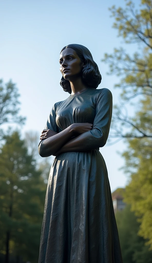 A young girl with a thoughtful and innocent expression, capturing the essence of Anne Frank. She has dark brown hair styled simply, with soft waves, and is dressed in a modest 1940s-style blouse, possibly with a small collar. Her gaze is reflective, filled with hope and quiet strength, symbolizing her resilience in the face of hardship. The background should be a soft, neutral tone that doesn’t distract from her face, evoking a sense of calm. The lighting should be warm, accentuating the gentleness of her features, with a subtle nostalgic atmosphere.