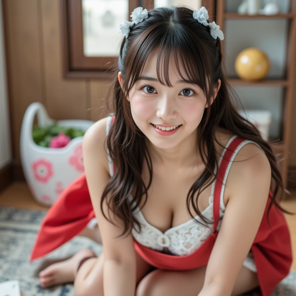 『 1 Japanese girl :1.3』『 real photo:1.3』『 I'm on all fours hanging a rag on the living room floor:1.3』 top quality:1.2、(( Big Breasts ))、 Slightly Visible Cleavage 、(( young woman))、(( has red cheeks))(( smiling in the pool changing room :3))、((( anatomically correct、 perfect anatomy、 anatomically correct指)))、 realistic ,  top quality,  super high resolution ,  RAW photo, (Curvy body)、 ,  wearing a sleeveless white summer dress ,  lace details on a summer dress ,  wearing a red waist-length apron ,  wearing a sleeveless white sundress『 I'm on all fours hanging a rag on the living room floor:1.3』 , barefoot,  Serious Face ,  not seeing viewers ,  long hair,  evening , My home is messy . bundled up with white scrunchies 、Smiling at the camera