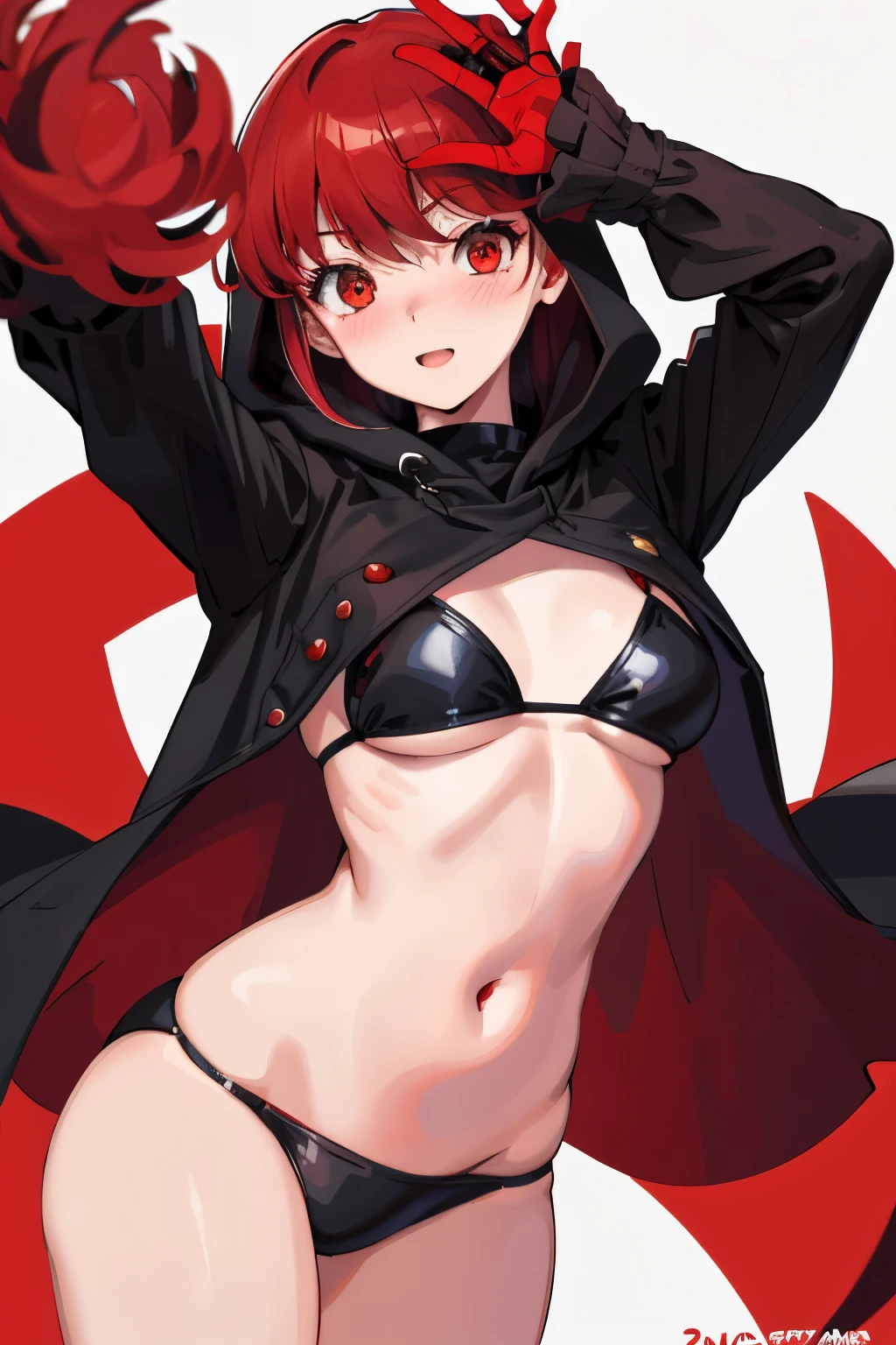 Lady, red hair, red eyes, black Bikini, Open red Coat, hood on, blushing, white Background, exposed belly, happy