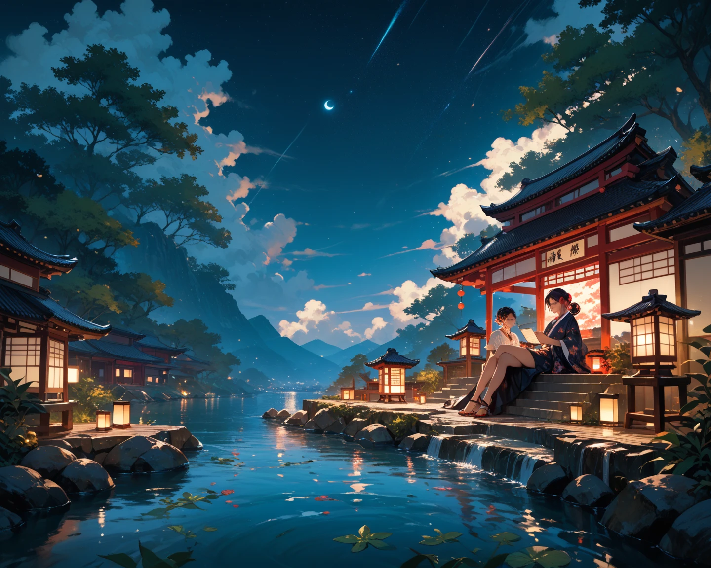 Japan in a anime styled art with the space showing in the sky reflecting of water on the ground at night with a lamp post