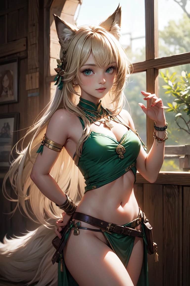 Zelda, cabello amarillo plateado, vampiro, sueter sin mangas celeste, bragas, armpits, ojos azules, cabello en cola, panties, vestido verde, hermosa princesa, ombligo, bragas.