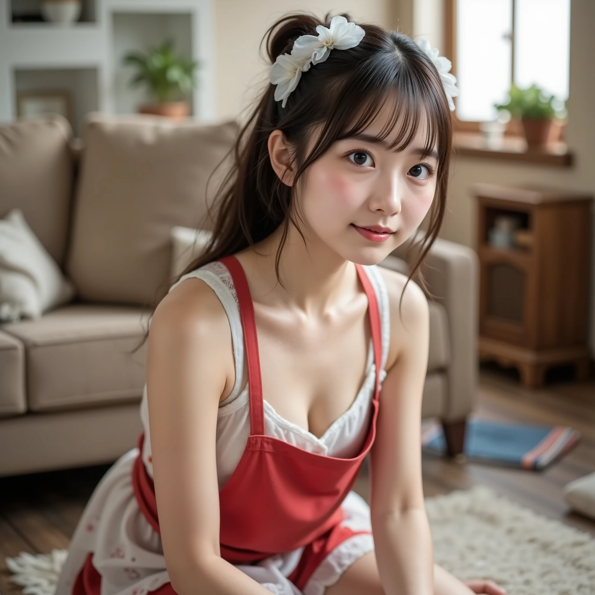 『 1 Japanese girl :1.3』『 real photo:1.3』『 I'm on all fours hanging a rag on the living room floor:1.3』 top quality:1.2、(( Big Breasts ))、 Slightly Visible Cleavage 、(( young woman))、(( has red cheeks))(( smiling in the pool changing room :3))、((( anatomically correct、 perfect anatomy、 anatomically correct指)))、 realistic ,  top quality,  super high resolution ,  RAW photo, (Curvy body)、 ,  wearing a sleeveless white summer dress ,  lace details on a summer dress ,  wearing a red waist-length apron ,  wearing a sleeveless white sundress『 I'm on all fours hanging a rag on the living room floor:1.3』 , barefoot,  Serious Face ,  not seeing viewers ,  long hair,  evening , My home is messy . bundled up with white scrunchies 、Smiling at the camera