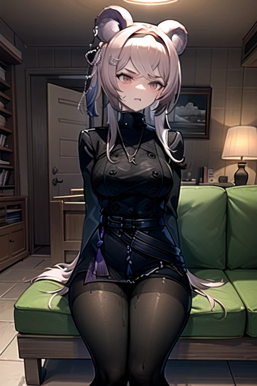  best quality, masterpiece,  high definition , 1 person, {Also_ Arknights:0.90},  1 girl, black_ dress, length_sleeve , looking away, indoor, cowboy_shot, closure_mouth, ((Hands Tied behind)), ((Arms behind back)), wide_sleeve , black_ pantyhose , formal_Alternine_Costume, underground, ((sweat)), ((concrete floor)), concrete wall, underground room, ((grimacing)), ((basement)), anger, pink light, midnight, dark room, lighting, sitting on the sofa, ((sitting)), ((sofa)), shrugged, (((shrugging))), shrug, Thighs together, black tights, closure legs, underground室,