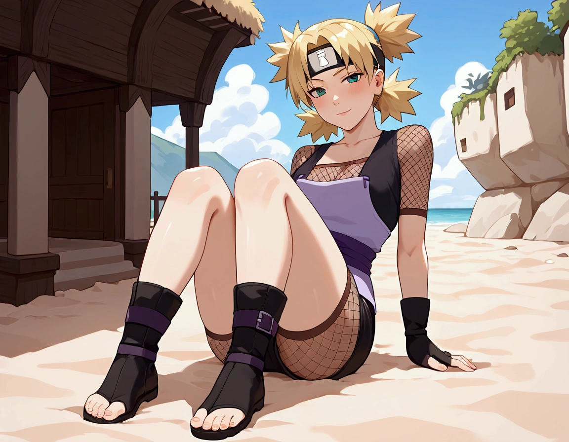 score_9, BREAK rating_explicit, best quality, masterpiece, uncensored, 1girl, sand village, nsfw, asthetic background, tmri, blonde hair, short hair, teal eyes, forehead protector, black shirt, fishnet top, purple sash, black skirt, fishnet shorts, black gloves, fingerless gloves, black boots, toeless footwear, seductive face, shiny body, seductive pose,
