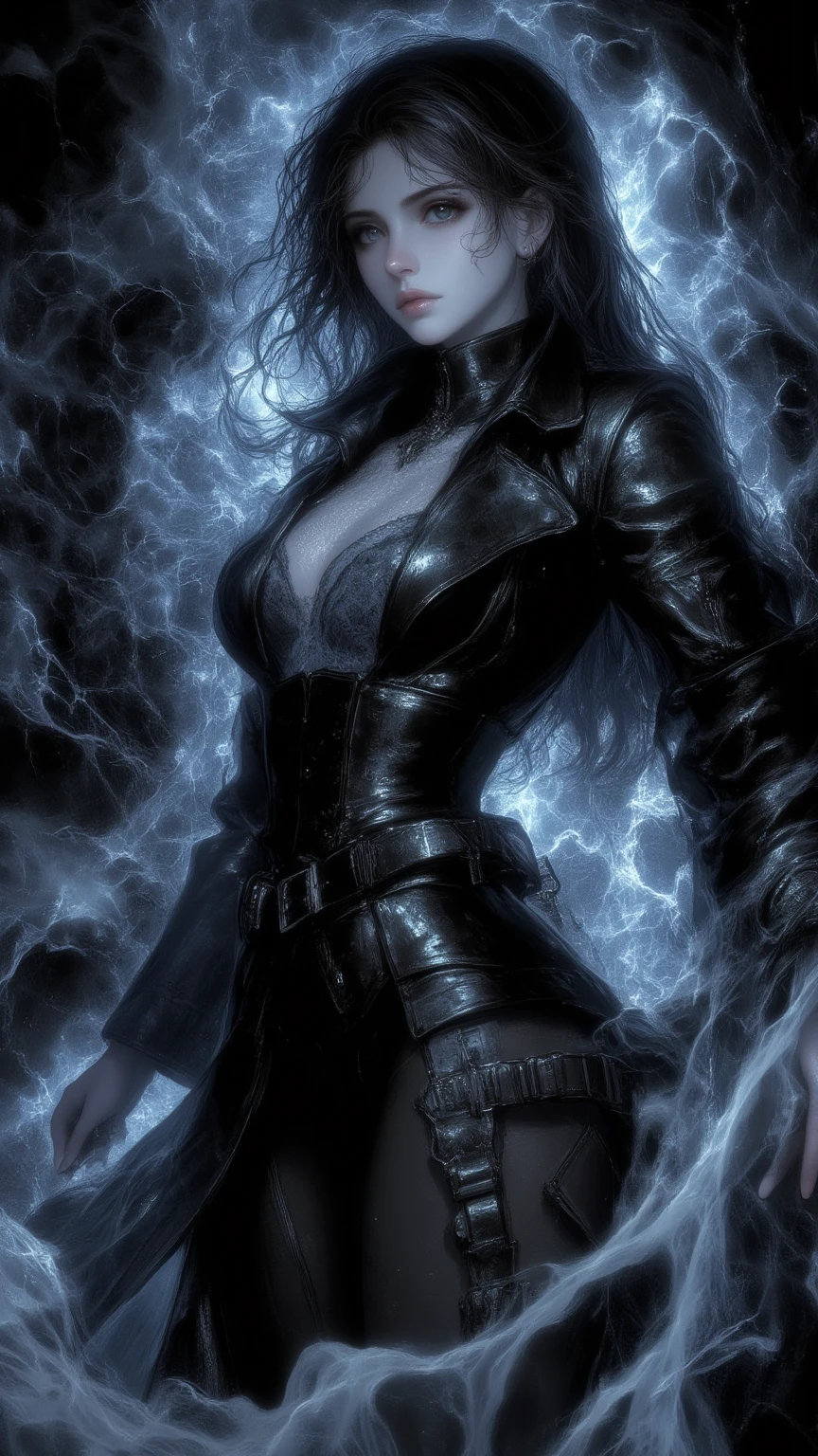 ((Mejor calidad)), ((obra maestra)), (detallado), cara perfecta, Una impresionante y seductora illustration de Yuhi Kurenai del popular anime Naruto. The character appears wearing a dark and modern suit that accentuates her curves. She is adorned with a choker and thigh-high boots, and her face is adorned with dark makeup. The background is a dramatic and mysterious setting with a dark and stormy sky. The general atmosphere is a mix of dark fantasy and haute couture, perfect for a poster or captivating print, pintura, portrait photography, anime, poster, moda, illustration, dark fantasy.