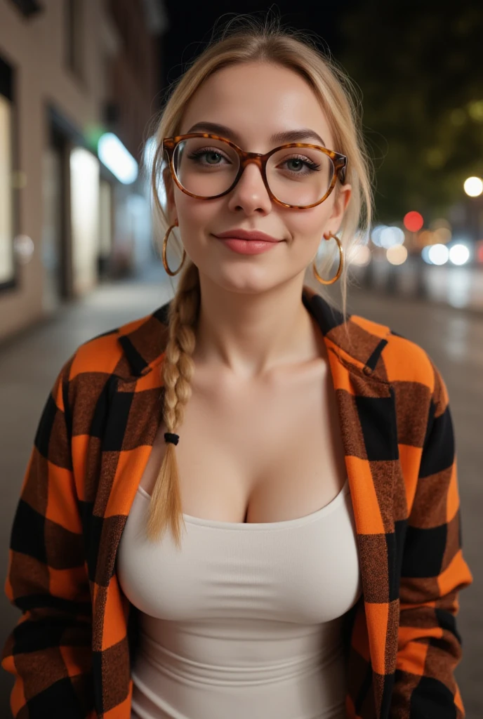 Extremely photorealistic. HDR. Full body shot of a white woman who is 25 years old. Looks sweet and friendly. Cute, pretty, beautiful, "girl next door." 5'8" in height. dyed blonde hair, hair is pulled back tightly into a braid. Big green round eyes, downturned eyes, straight eyebrows. button nose. She has an hourglass figure, with large hips and large breasts. Her facial features are soft, feminine, and delicate. She has a round face shape. She wears a casual white dress. Also wears a black and orange plaid coat over the dress. She wears big hoop earrings. She also wears large, round, tortoise shell thick framed glasses. She is sitting on a bench on a city street at night. She is smiling and radiating joy, with a flirtatious look in her eyes. Wearing thick black eyeliner, red lipstick.