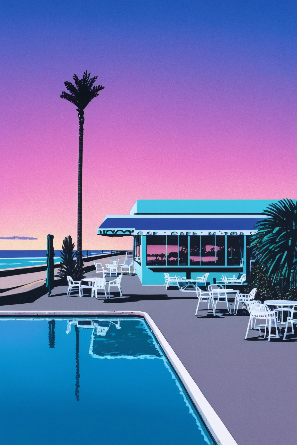 Lifted view of A Vintage 80's Cafe with pool surrounded by beach and Palm Trees at sunset, gradient sky, water reflection, road, chairs, building, 