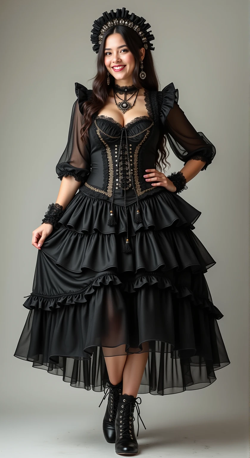 8-year-old female Gothic fashion, gothic fashion, lace and ruffles, bustle skirt, corset, gothic rock, D cup breast size, Boston-style glasses, brown hair, semi-long hair, chapel