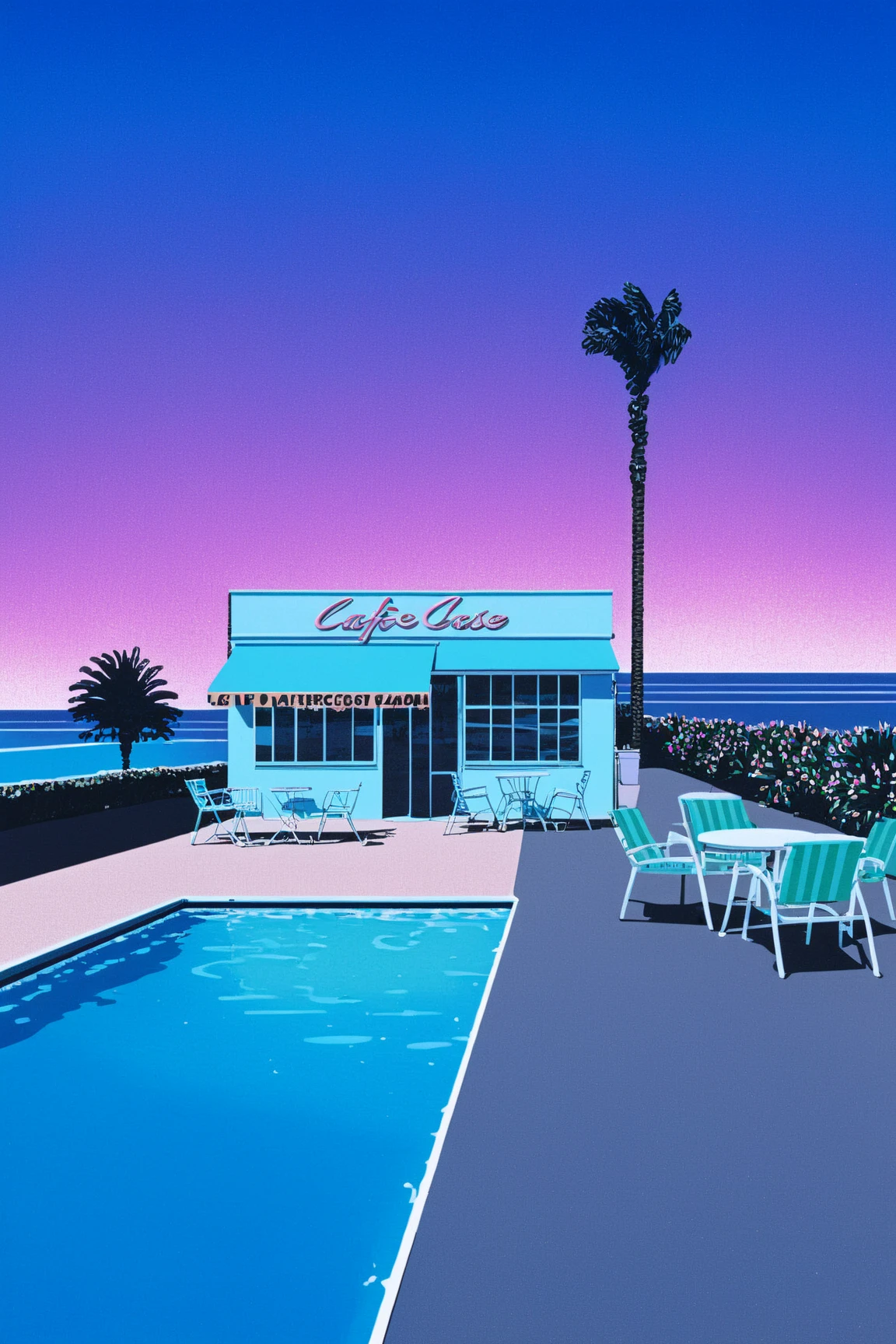 Lifted view of A Vintage 80's Cafe with pool surrounded by beach and Palm Trees at sunset, gradient sky, water reflection, road, chairs, building, 