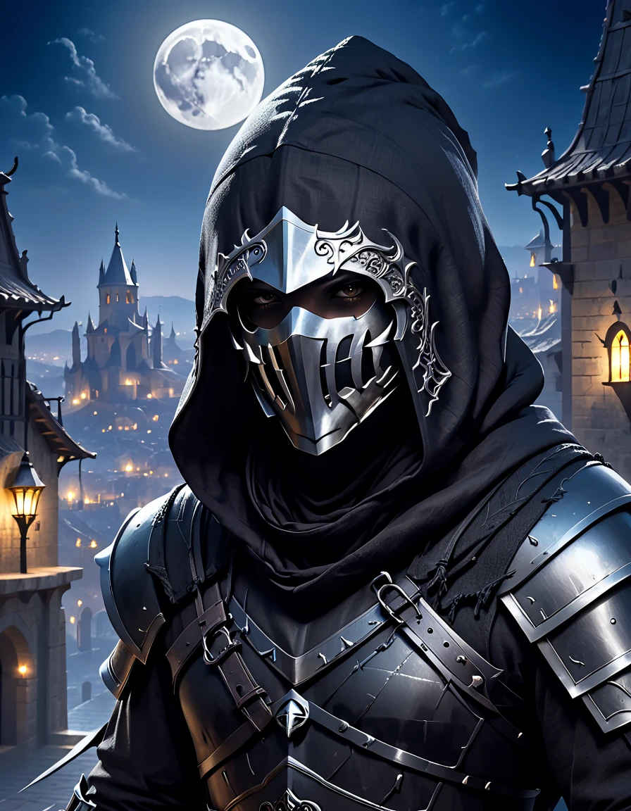 male assassin,Hooded with black eyes,With iron mask,black armor,  with a medieval city in the moonlight.