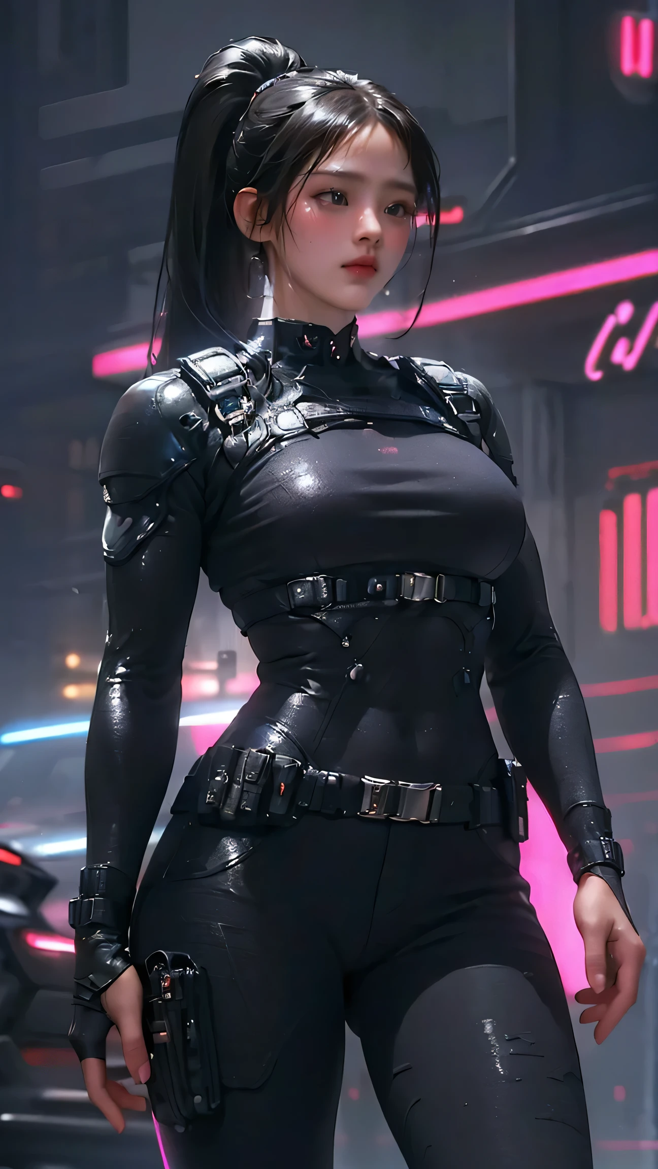 ( Masterpiece :1.2, top quality, top quality,Very Details:1.2),8k, wallpaper,( one woman),( future female SWAT team members ),( Very Fitted Black Tactical Bodysuit),( tactical headset),( tactical holster ),(Tactical hand bag),break(serious),( ponytail ),( black hair),( beautiful face),( beautiful eyes ),( beautiful eyes ),(Very Detailsな顔),( VERY DETAILS WOMAN'S HAND),(Muscular),( sexy),(Big Breasts),(thick thighs),( beautiful body),( The background is a futuristic city's neon street :1.6),( cyberpunk :1.0),(((hand, Details,perfection,perfectionion,hand))),(Beautiful female hand),(Accurate hand drawing)