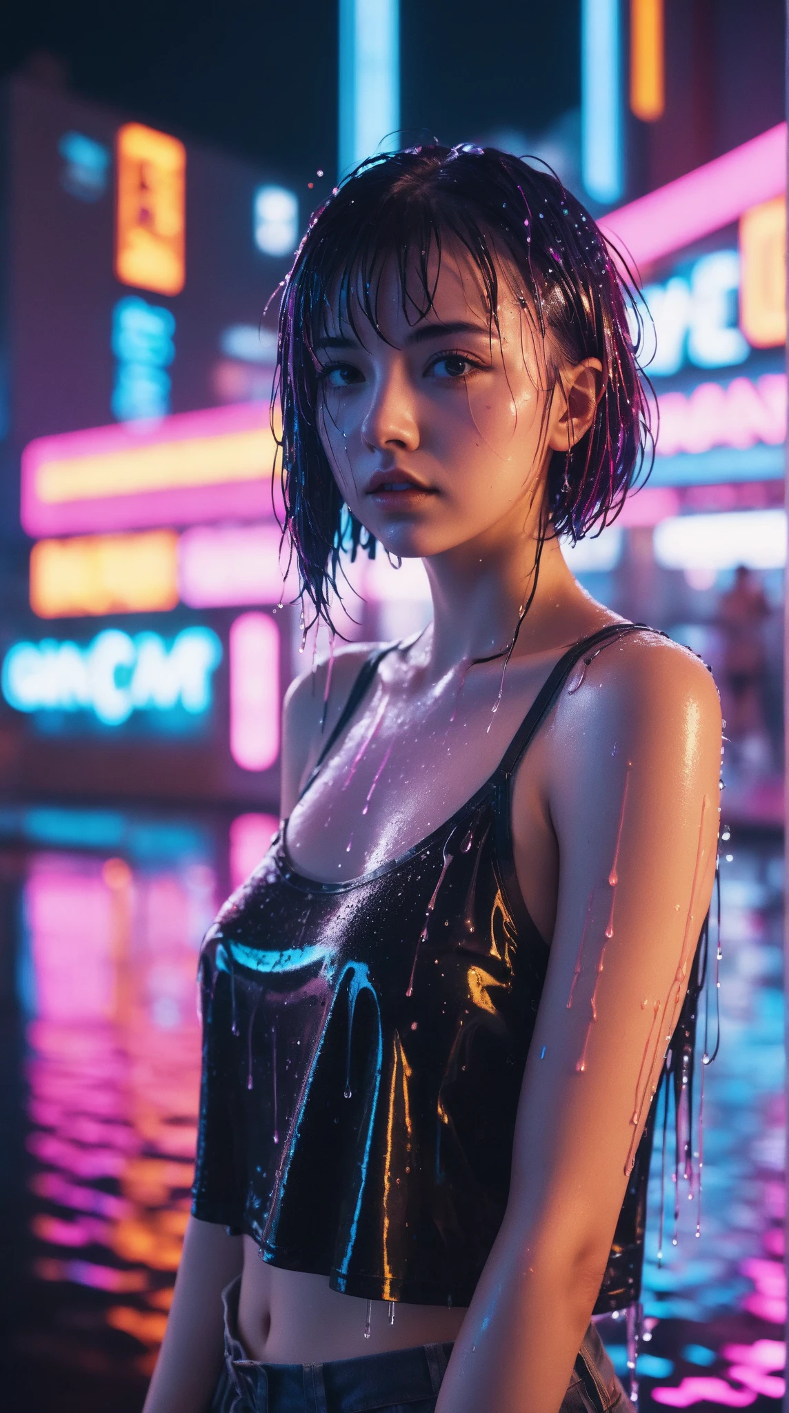 Cyberpunk,1girl,cyberpunk,neon lights,xxmixgirl,1girl wet tshirt water drops,splash detailed,surreal dramatic lighting shadow (lofi, analog),kodak film by Brandon Woelfel Ryan McGinle,
