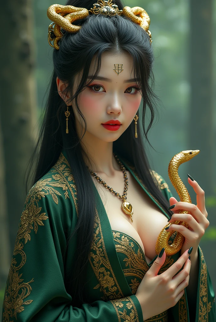 Snake goddess, beautiful and sexy, long black hair, transparent green long robe, snake head hair ornament, dazzling curves, big breasts, full body sjot, bamboo forest