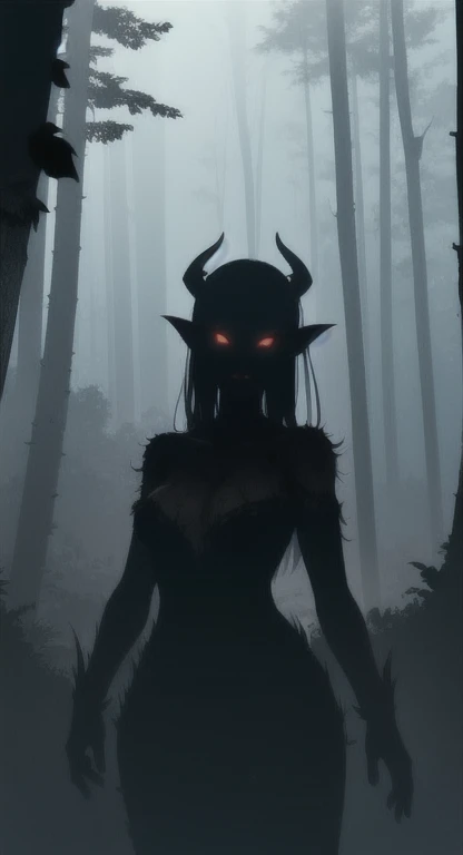 Foggy Forest, ancient female creature, demonic silhouette, succubus shadow figure, red eyes, eyes in the fog, rotting, looking dead, torn wings, 