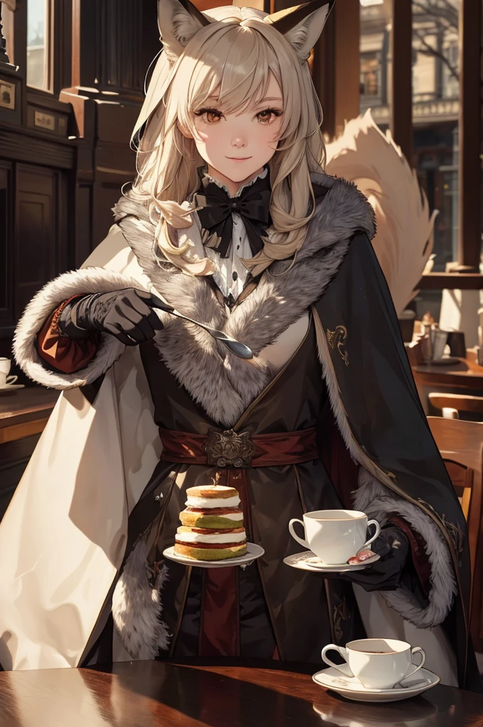 best quality,masterpiece,highly detailed,ultra-detailed, fox shiry, cloak,off hood, at cafe afernoon tea,mug,fur gloves,food,bowtie, fur trim, furry