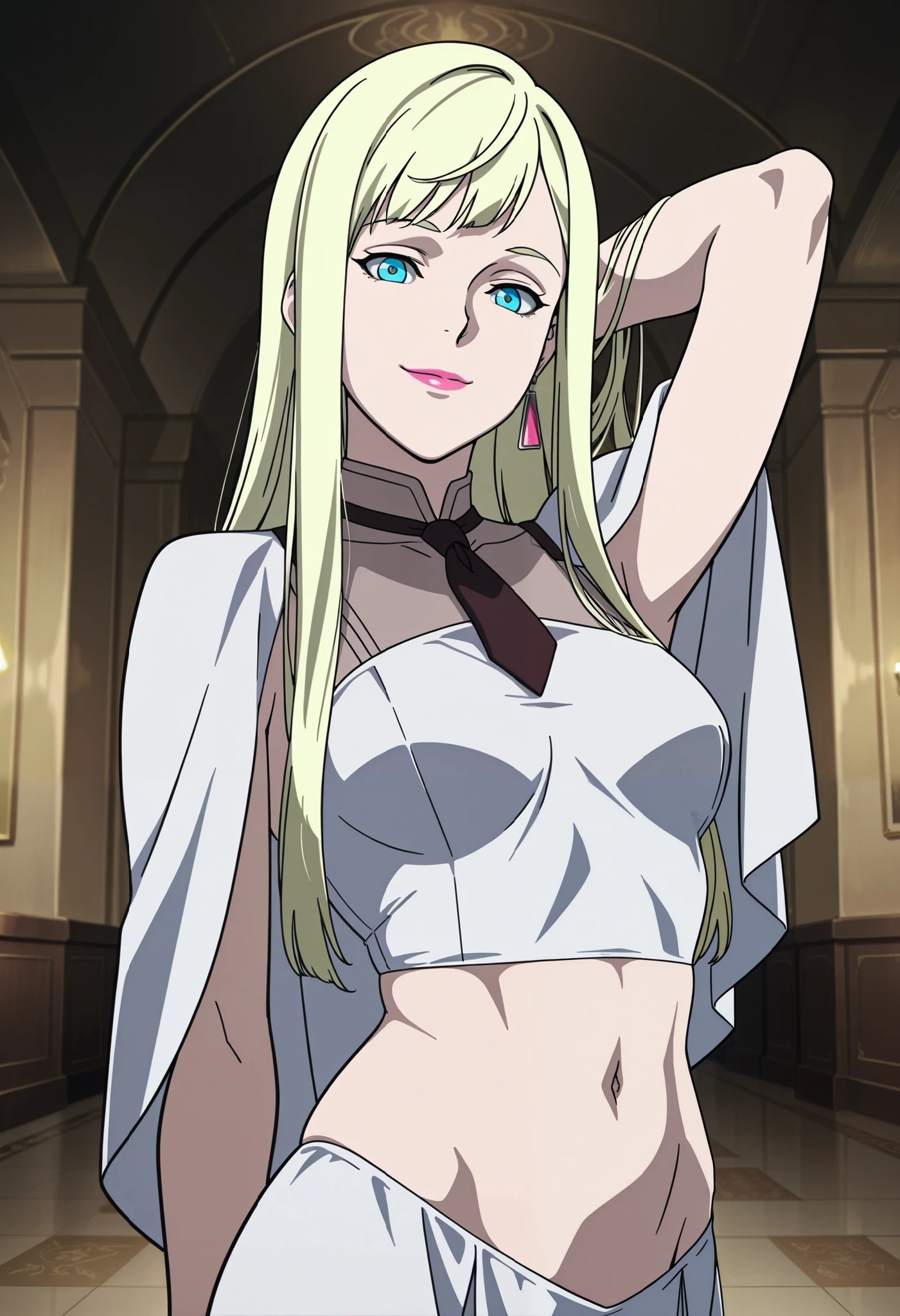 1girl,solo,Andalucia,blonde hair,long hair,blue eyes,earrings,anime coloring,
necktie,white dress,white capelet,lipstick,, arm up,looking at viewer, smile,indoors
,masterpiece,best quality,amazing quality, (nsfw) not safe for work, exposed belly, exposed navel, exposed
midriff, exposed lower belly