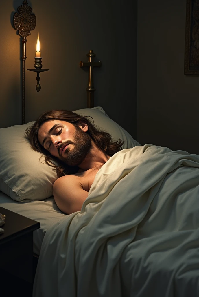 Jared Leto naked in his bed, having just woken up, the sheets barely covering his beardless body, in the background a bay window overlooking a beach, the sun was just rising over the ocean. --auto --s2
