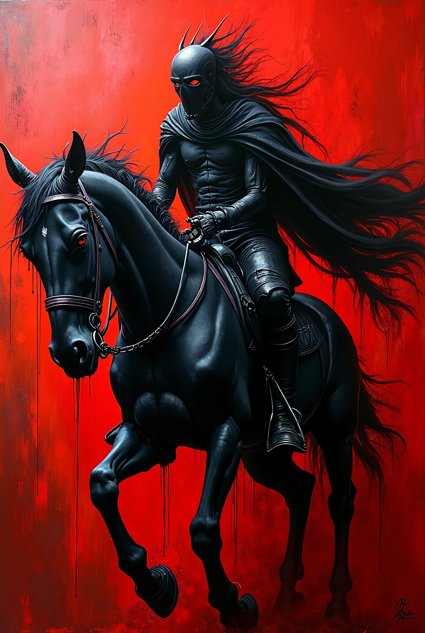 painting of a horse with a skull and a red tag, a detailed painting by Wolf Huber, trending on cgsociety, conceptual art, symmetry!! portrait of hades, eric lacombe, brett amory, art contest winner on behance, joao ruas, style of jeff soto, ray swanland, trending on deviantarthq”, ffffound, russ mills