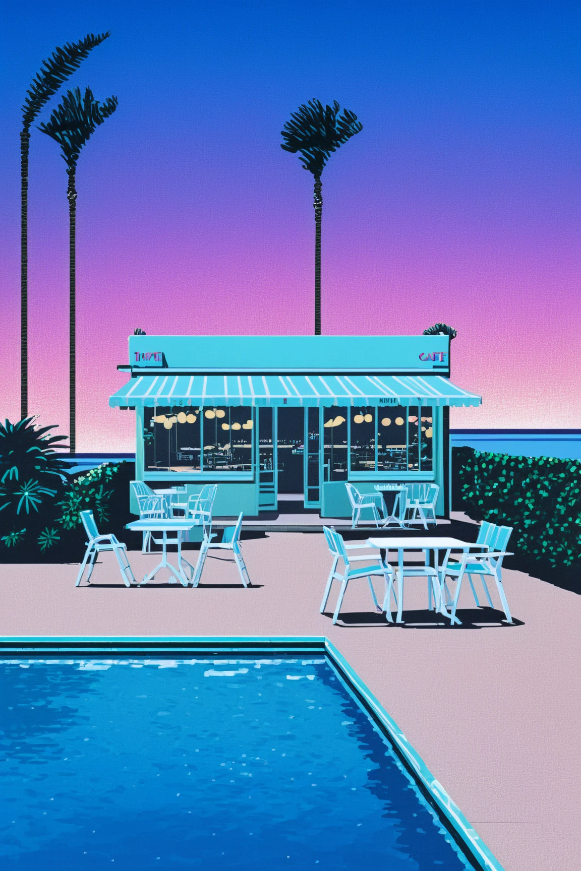 Lifted view of A Vintage 80's Cafe with pool surrounded by beach and Palm Trees at sunset, Gradient sky, water reflection, road, chairs, building, Christmas tree by the poolside, poster/magazine illustration effect, masterpiece, 