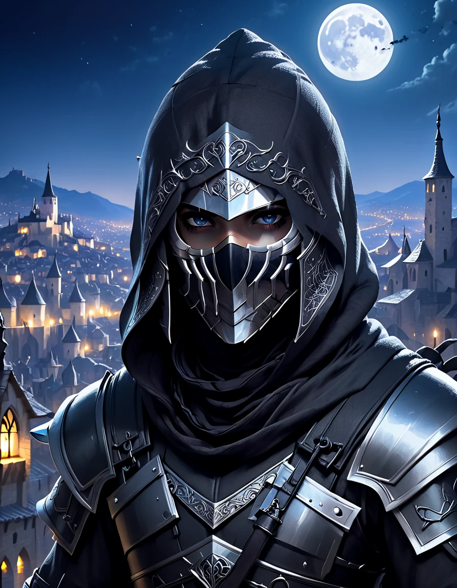 male assassin,Hooded eyes without pupil,black armor,  with a medieval city in the moonlight.