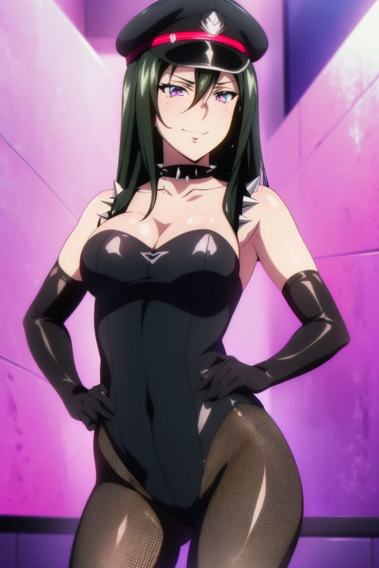 (((grinning lasciviously))), seductive anime girl, (((nefarious smirk))), [[[[grinning evily]]]], beautiful, masterpiece, ultra detailed, extremely detailed, ultra high res, 8k, beautiful detailed face, anime screencap, heart shaped face woman, (black hair:1.2), long hair, hair between eyes, large breasts, fearless face, sharp face, slant eyes, cat eyes, 170cm tall, (((adult))), perfect proportion, (((black high-leg leotard))), (((dare shoulder))), cleavage, (((thigh boots))), (((spiked choker))), (((military cap))), anime style, ultra detailed beautiful face and eyes, front view, raw phot, incredibly absurdres, Beautiful portrait of cute anime girls, super fine illustration, full-hd, hdr, best aesthetic, distinct, exquisite, masterwork, by famous artist, highers, (((perfect anatomy))), mocking, (((rape face))), (((evil grin))), intense eyes, sadistic, gleaming skin, oil skin, slut face, (((full-face blush))), smirking, mischievous grin, furrowed mouth, both legs, pouty lips, downturned corners, rosy hue, grin widely, cheeky smirk, (((bad-tempered glare))), gloating, crazy smile, scary face, cruel smile, fang, connected teeth,, (((elbow gloves))), (((big connected teeth)), glare, grimace, smirk, (((scowling face))), smile broadly, symmetrical eyes, even eyes, perfect eyes, (((squinting eyes))), deep detailed eyes, shiny clothes, 1girl, solo, smug, smile grimly, (((dimpled smile))), pink eyes, (((laugh))), (((pleasure face))), (((brutality face))), (((scary face))), (((empty eyes))), anime best girl, [[[[grinning evily]]]], anime moe artstyle, collarbone, dare collarbone, sitting, antique and arm chair, throne, crossed legs, perfect proportion, perfect anatomy, perfect body,