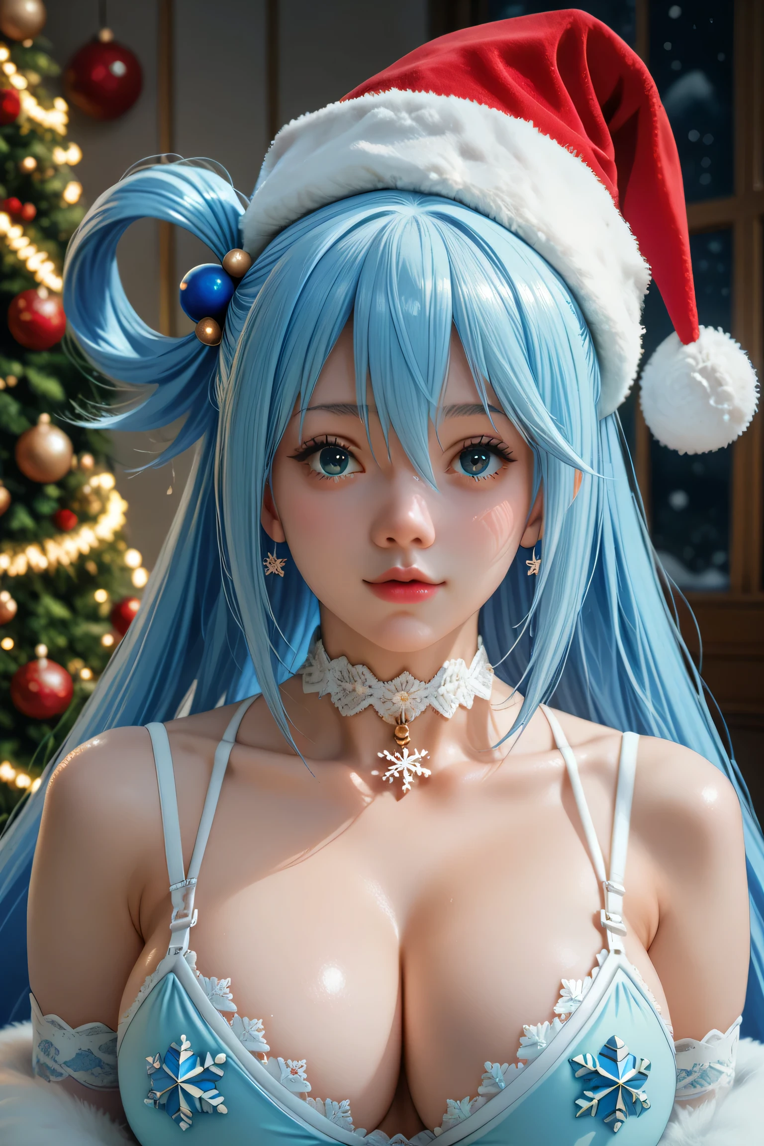 (masterpiece,  Best Quality ), 1 girl,Aqua,2d, Christmas hat , beautiful face,(long blue hair ,hair rings , hair ornament,  choker ),Green lasso,( blue hair)( blue hair largo ),(blue eyes),pesones with cold , HIGH QUALITY,ultra detailed ,  super large breasts ,  self-adhesive nipple stickers snowflake lingerie..

