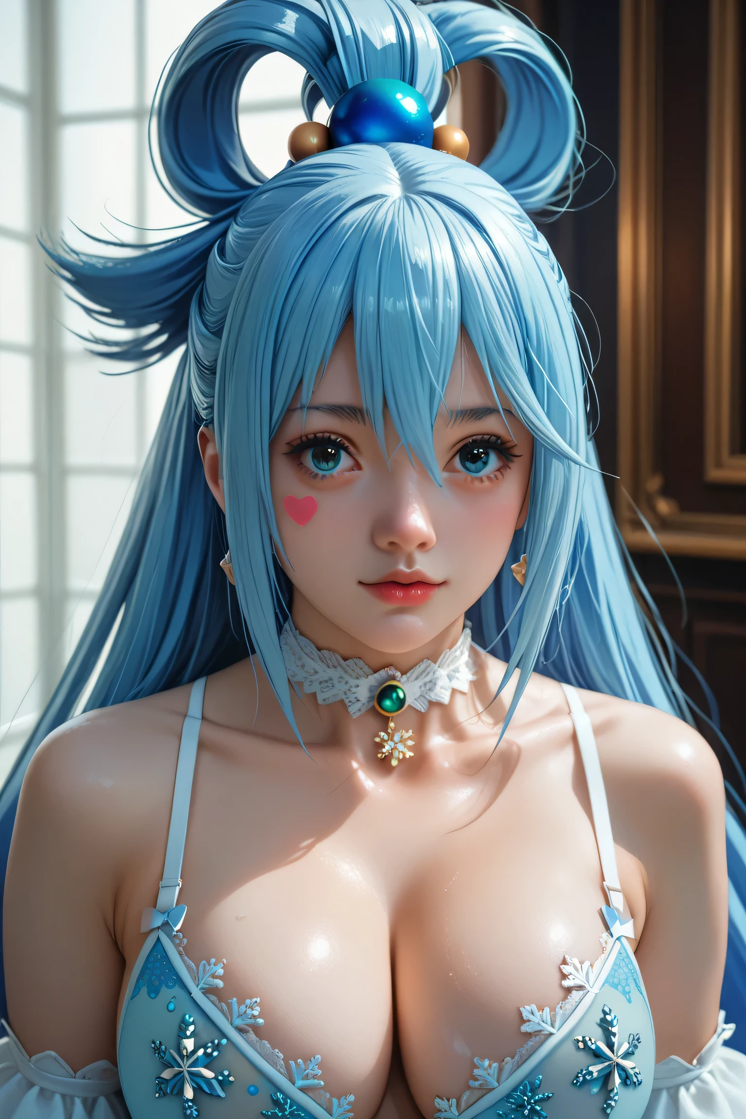 (masterpiece,  Best Quality ), 1 girl,Aqua,2d, beautiful face,(long blue hair ,hair rings , hair ornament,  choker ),Green lasso,( blue hair)( blue hair largo ),(blue eyes),pesones with cold , HIGH QUALITY,ultra detailed ,  super large breasts ,  self-adhesive nipple stickers snowflake lingerie..

