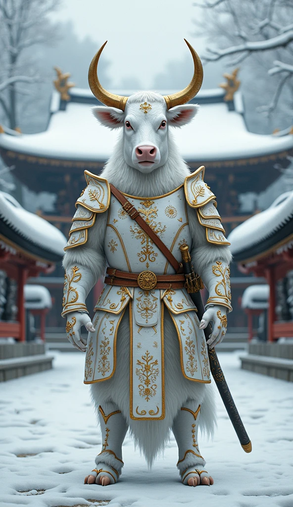 Three meters tall,holding samurai sword,Human cow head,Dressed in medieval armor