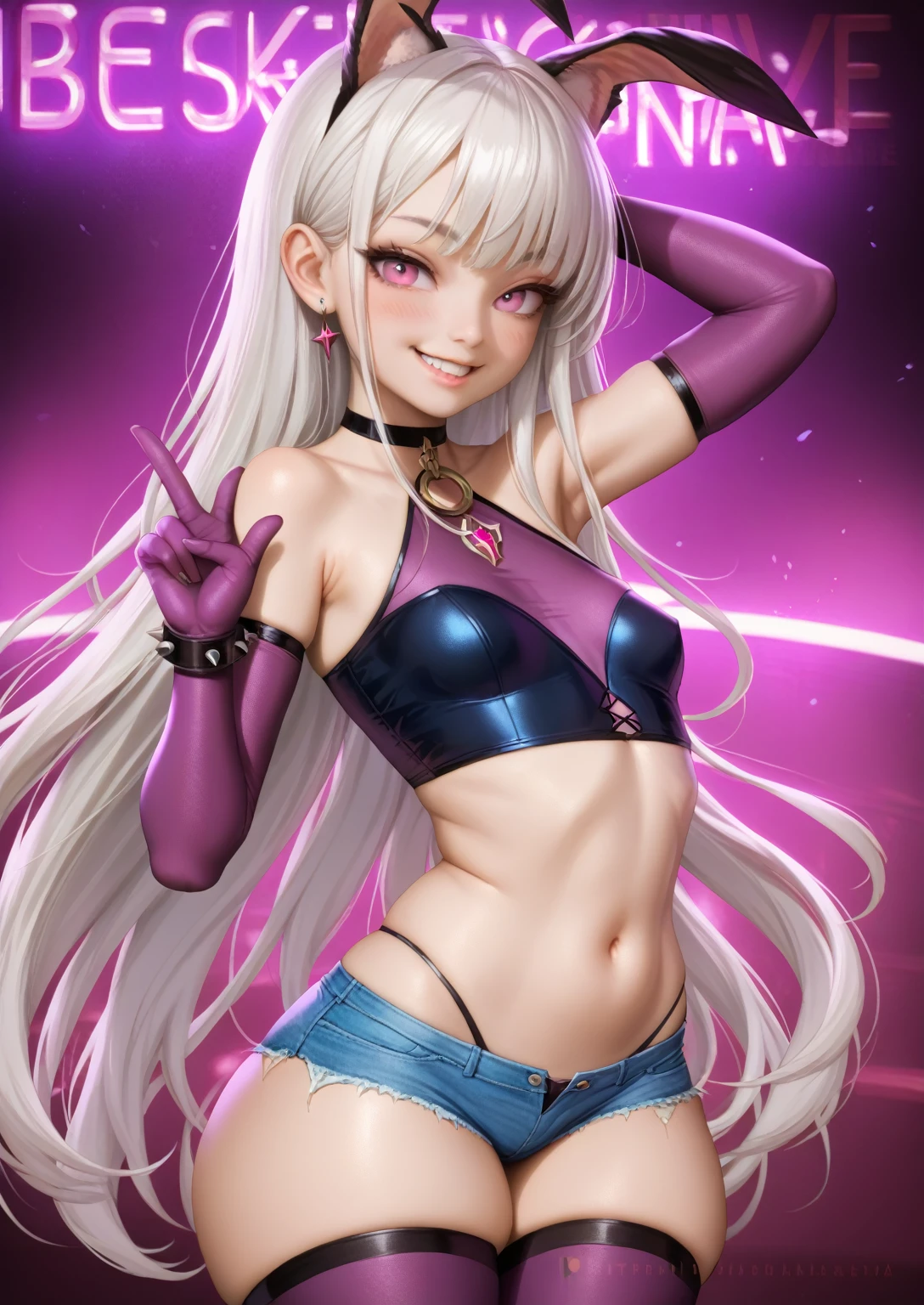 score_9, score_8_up, score_7_up, masterpiece, best quality, highly sexual poses, elinsdxl ,elinxl,1girl,solo, small animal ears, white hair, long hair, looking at viewer, skin indentation, blush, evil smile, smug, small breasts, crop top, short shorts, wide hips, thick thighs, elbow gloves, thigh highs, short, shortstack, dynamic pose, curvy, photorealistic,perfect face, narrow shoulders, SakimiStyle, nightclub,
