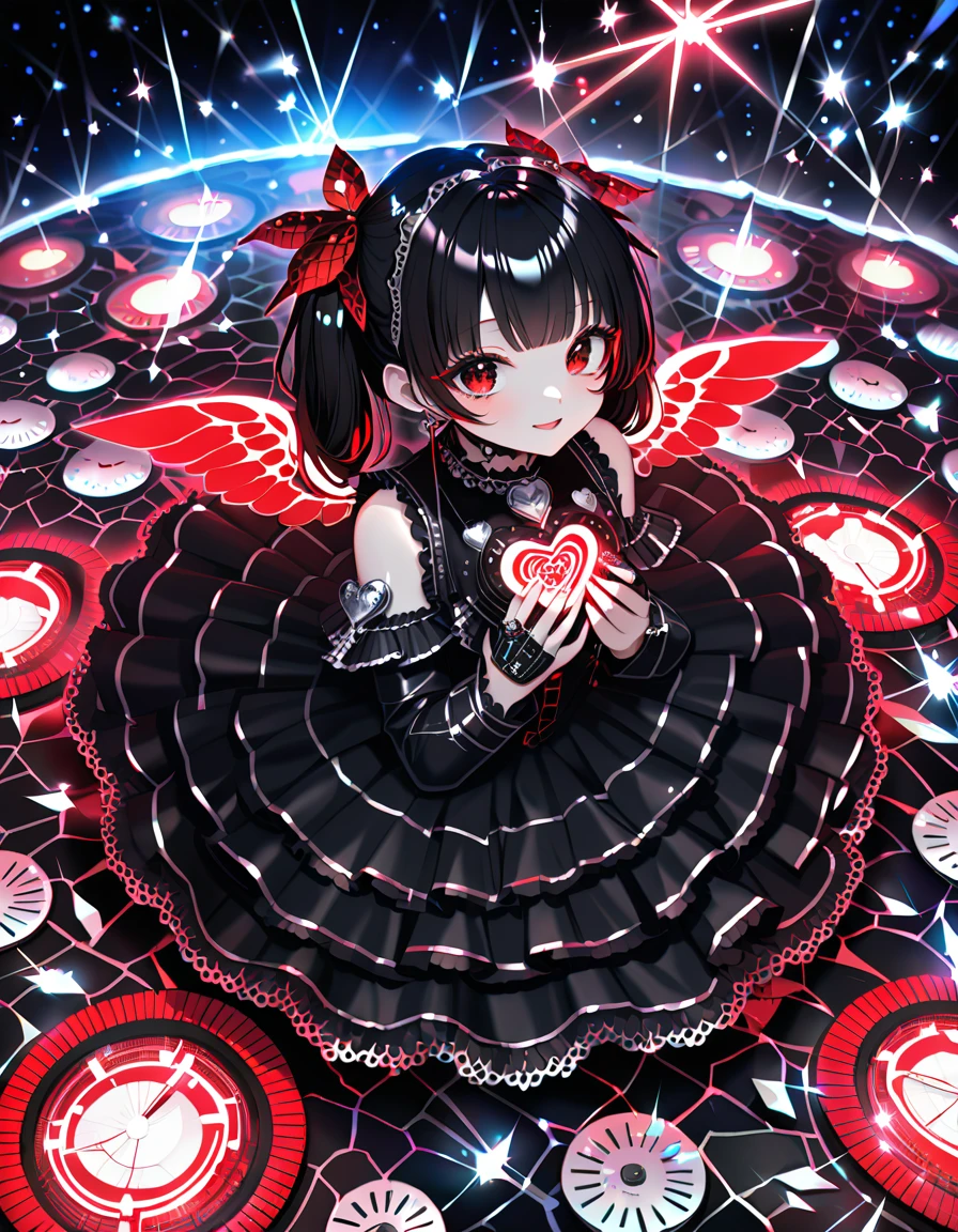 (In 8K, Best Quality, Master Piece: 1.2), Ultra High Resolution,1 girl,solo,ioli,ultra-detailed face,detailed eyes,brown eyes,Mascara,Wings of the Coccinellidae ,wariza,cupping hand on Coccinellidae,twintails,black hair,(Glossy black dress with chrome mechanical detailing and red LED highlights:1.3),lace-up boots with chrome buckles and red LED lights integrated into the soles,(choker with a chrome heart and holographic clock face),looking at viewer,smile,From above,(Sparkle:1.3),outdoors winter Flower Garden