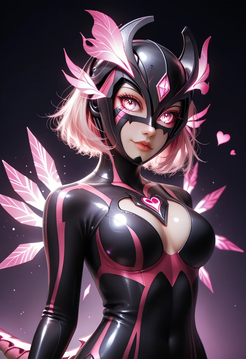 Dark UltraWoman. （high quality）（luster）（(Black Face and red eyeline)）（Black and purple thema color. black helmet. A full-face helmet. Pink lines. Purple glowing mechanical eyes. The whole body is covered with a black bodysuit. Thick legs. Spike decoration. Pink lines all over the body. Heart tattoo . purple coloreye. pink glow crystal. pink sharp claw. Night background.