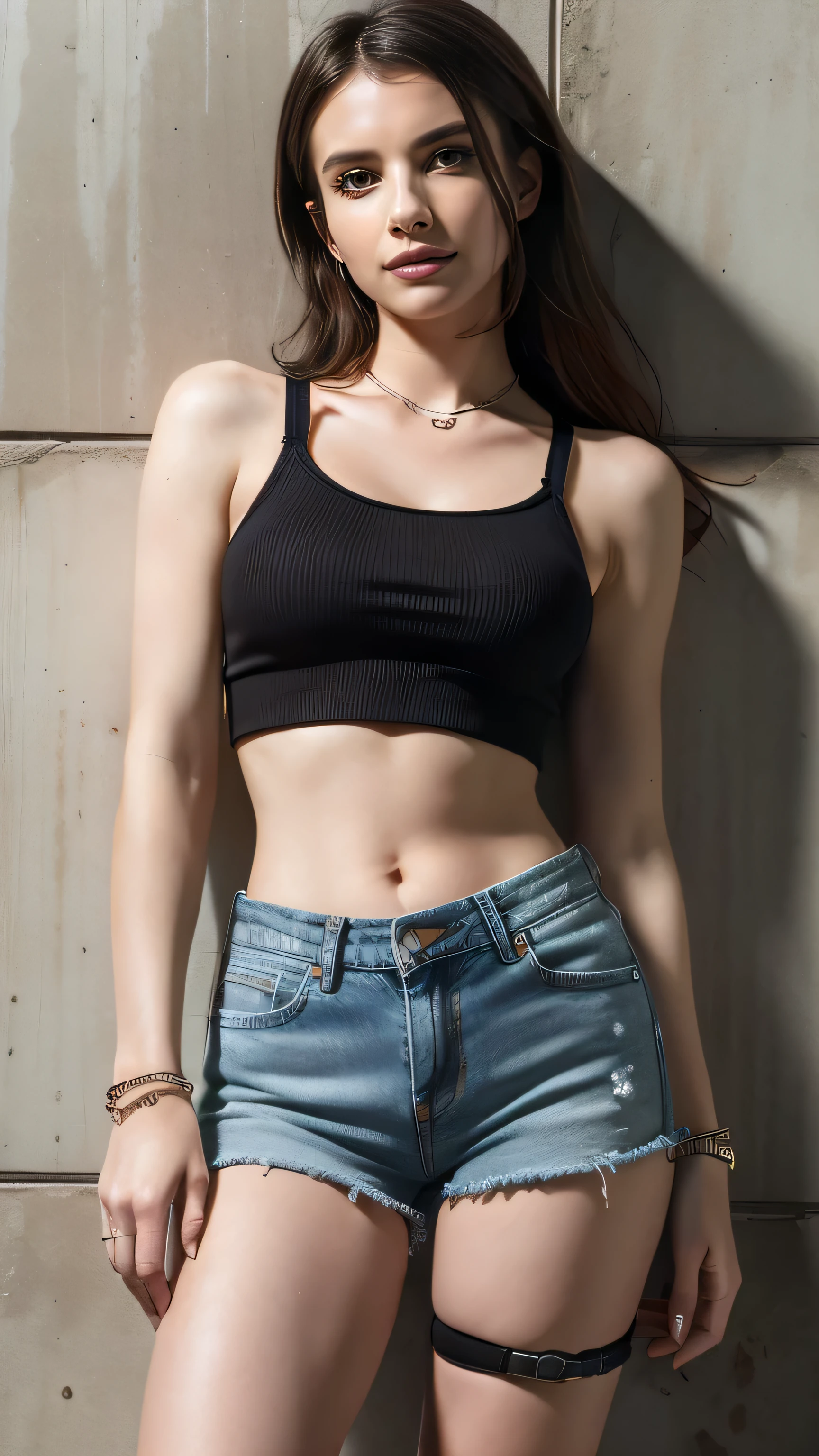  Masterpiece,  Best Quality , ( Extremely detailed CG Unity 8k wallpaper,  Masterpiece,  Best Quality ,  ultra detailed,  Masterpiece,  Best Quality , 1 girl, Alone, Crop top,  denim shorts, frontal,  against the wall,  looking at the spectator, bracelet,  thigh strap , bored,  dark hair, dark eyes