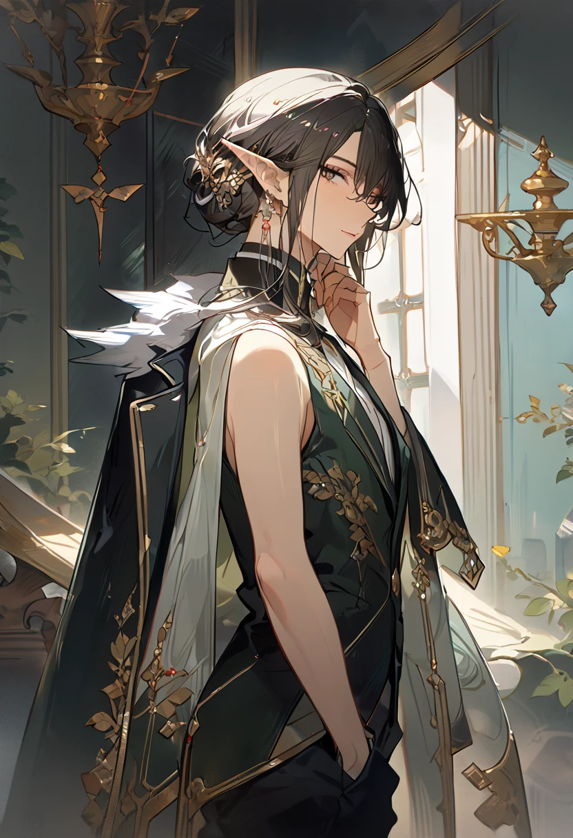 ((masterpiece), (best quality), (8k) ,(4k)) , Solo, ((male), (elf), (long ears elf)), ((dark grayish hair), (dark greenish eyes), (hair ornament)), ((finely detailed eyes and detailed face), (looking at viewer), (from side)), ((meticulous clothes), (formal clothes), (combination of white and black coat), (half cape by the shoulders), (patterned clothes)), ((majestic looks), (sharp looks)), shadows, inspired by Asukaziye artist : ask, art style : ask