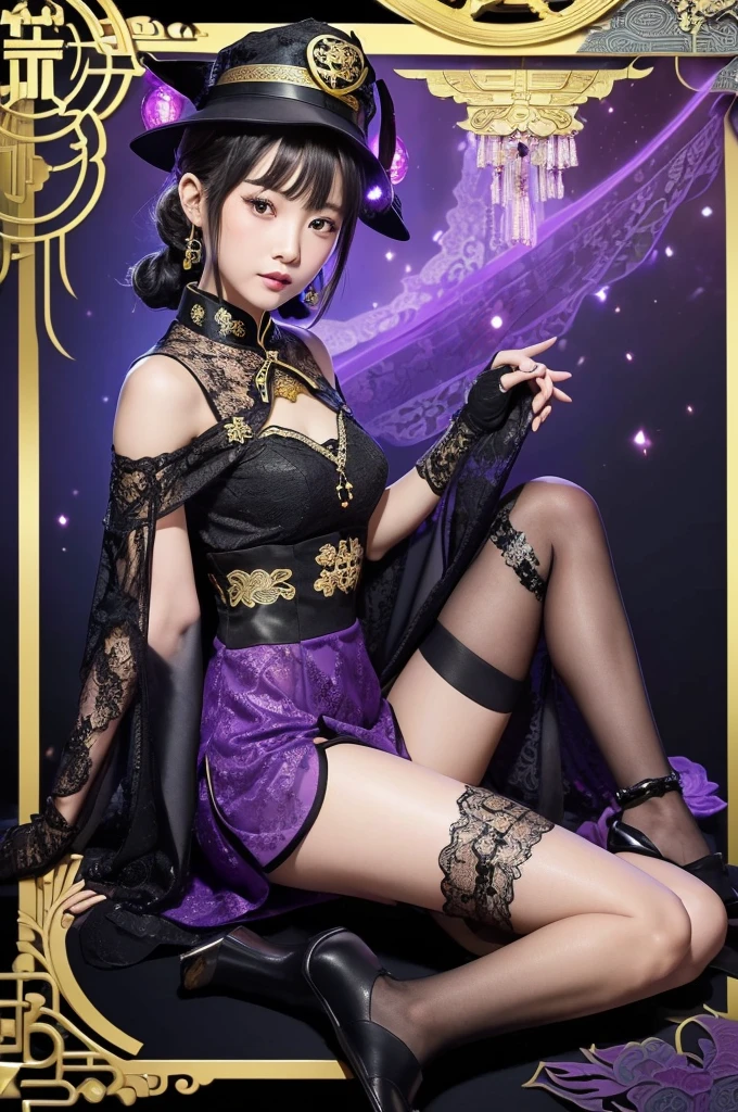 (short purple qipao-style dress with black lace accents:1.3),
(black cape with a magical talisman embroidered in gold thread on the back, adding a mystical witch element:1.2),
black lace gloves, with delicate gold symbols,
(black lace stockings:1.2),
black platform boots with gold buckles,combining modern idol style with traditional Chinese footwear elements,
(adorable black witch hat adorned with a talisman charm,sitting slightly tilted like a mischievous touch:1.1),
(lantern accessory shaped like a Jiangshi talisman:1.1)