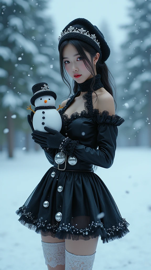 ((best quality)), ((masterpiece)), (detailed), perfect face, ((Big tits)), asian girl, red and black latex outfit, lingerie, stocking, xmas, beautyful face, ((stocking)), ((she wearing a black mask)), high heels, ((blonde straight hair)), ((detailed eyes)), it is snowing in the background, (one snowman in the background), visible big tits, ((she is holding her own breasts)), handbra