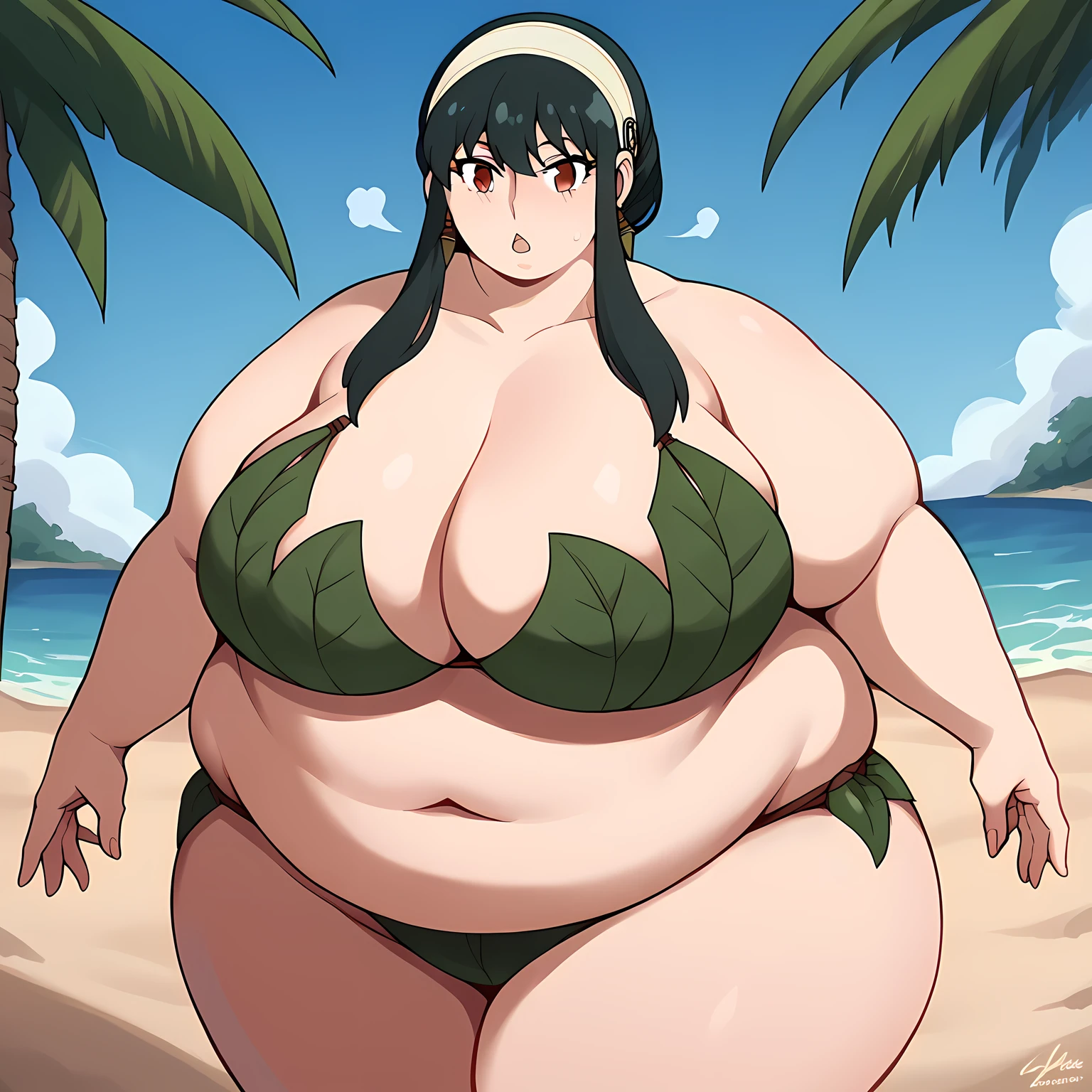 score_9, score_8_up, score_7_up, source_anime, yorbriar, yor briar, black hair, red eyes, earrings, white hairband, hairband, long hair, sidelocks,, leaf bikini, navel, midriff, cleavage, bare shoulders, collarbone,, outdoors, beach, sand, palm tree, jungle, trees,, looking at viewer, solo, cowboy shot, dutch angle fat, chubby, obese, gigantic arms and legs, large breasts open mouth, out of breath