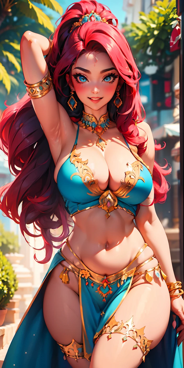 ((masterpiece)), ((best quality)), (detailed), perfect, solo, slutty, belly dancer, luscious smiling lips, manic smile, love-filled eyes, hooded eyes, long colored hair, high ponytail, curly hair, huge breasts, deep cleavage, large breasts, ( large breasts) Bermuda ( wide hips ), ( thick thighs ) .creating a dreamy and magical atmosphere, provocative pose, seductive pose, perfect slim fit body, slim body, slim thick, curvy silhouette, sexy, Belly dancer outfit, belly dancer dress,