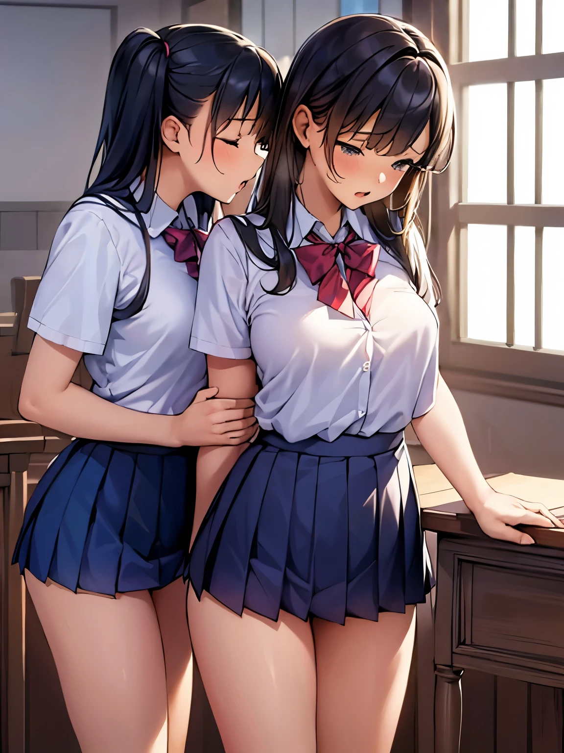 ((highest quality、High resolution))、(((2girls))), Portrait、A beautiful woman、Perfect body、beautiful ample breasts、Nipples、classroom、high school girl、Sailor suit、No panties、Embarrassed、((Lift up your skirt and show your pussy))、Love juice、I&#39;m tempting you