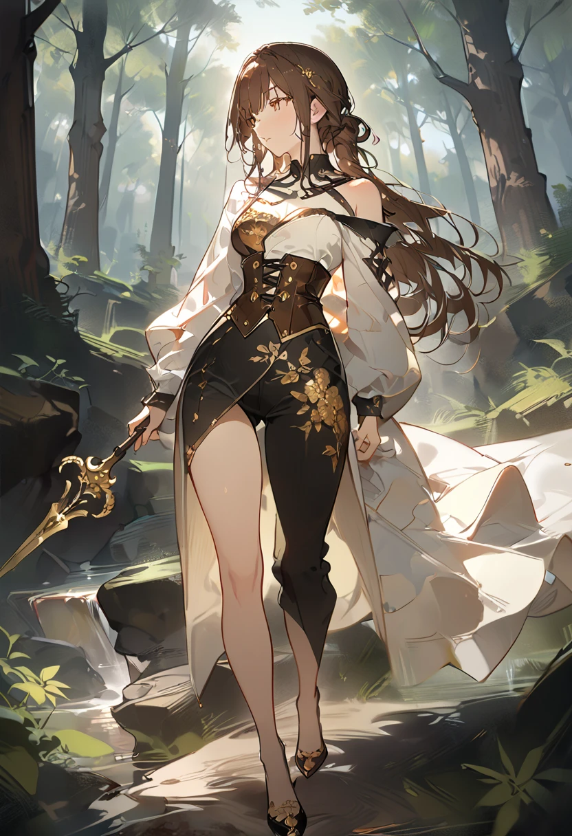 ((masterpiece), (8k) ,(4k) , (best quality), (high quality), (masterpiece)), Solo, ((female), (dark brown hair), (long hair), (brown eyes)), look away, ((white dress), (dress to the knee), (dress by the shoulder), (leather corset), (single slit dress), (gold embroidery bottom part of the dress), (black long pants), (pants under dress)), ((carrying spear)), forest background, embroidery clothes, full body, all kind of hairstyle, inspired by Asukaziye artist : ask, art style : ask