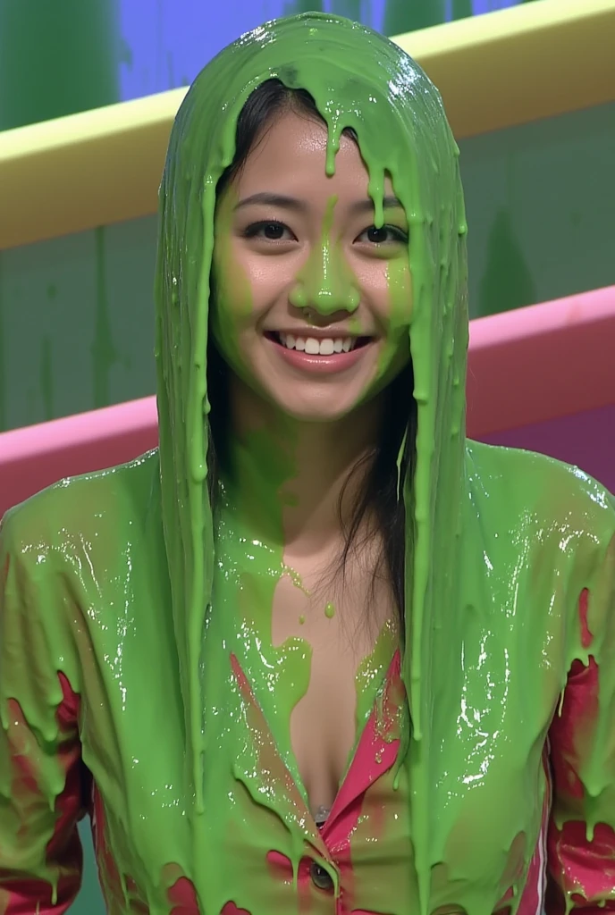  beautiful Korean woman covered in green slime. F/1.8 aperture. 35mm. Glistening liquid. Green slime. Slime. Dripping green goo. (Korean girl: 1.1). Korean. Korean woman. Beautiful Korean model. Round face. Wearing pinksweetheart dress. Cleavage. Black hair. Gameshow. Winged eyeliner. 30 years old.