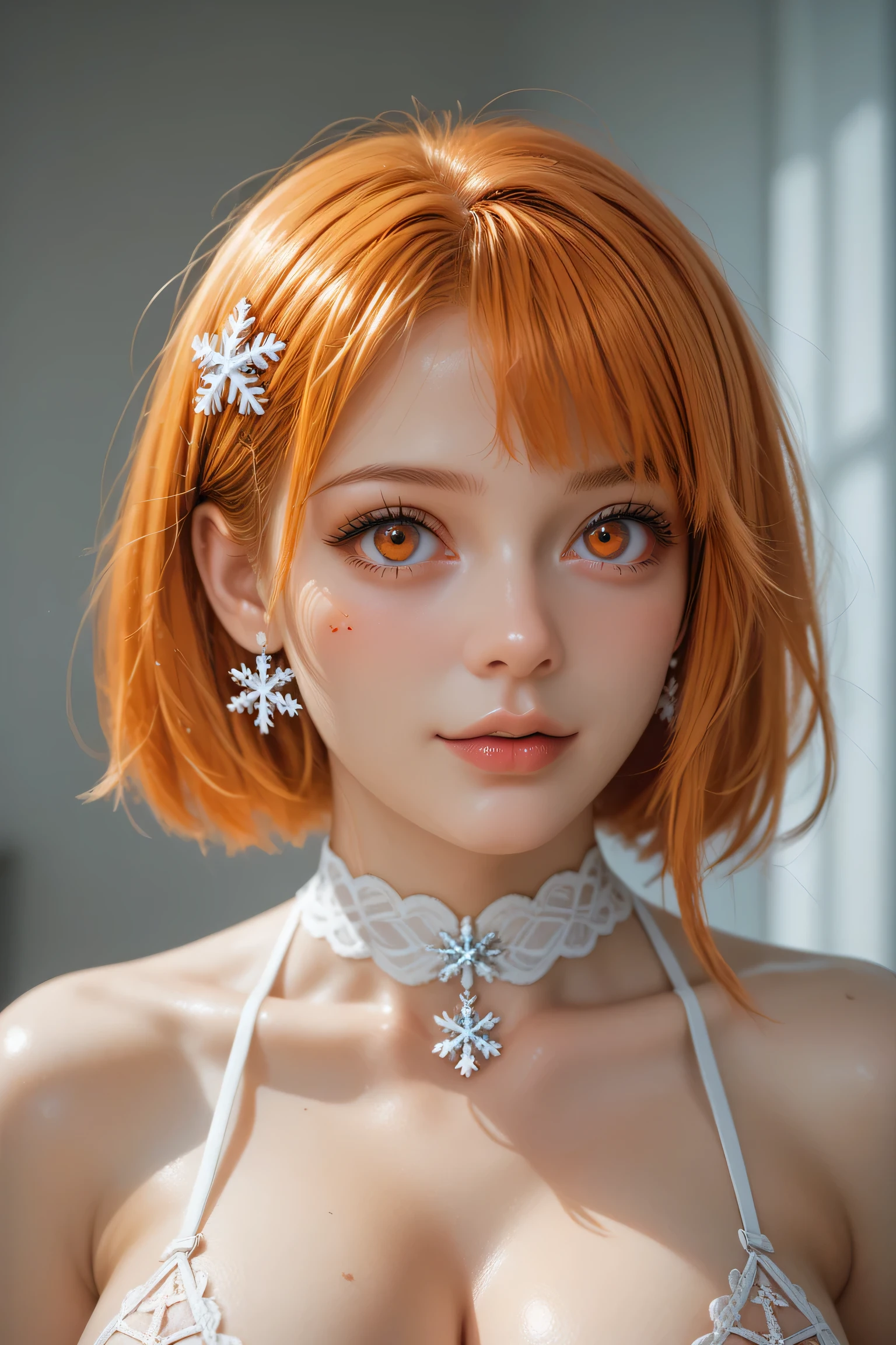 (masterpiece,  Best Quality ), 1 girl,nabara ,2d, beautiful face,( short orange hair ),( orange hair )( orange hair  de hongo ),( orange-eyed ),pesones with cold , HIGH QUALITY,ultra detailed ,  super large breasts ,  self-adhesive nipple stickers snowflake lingerie..