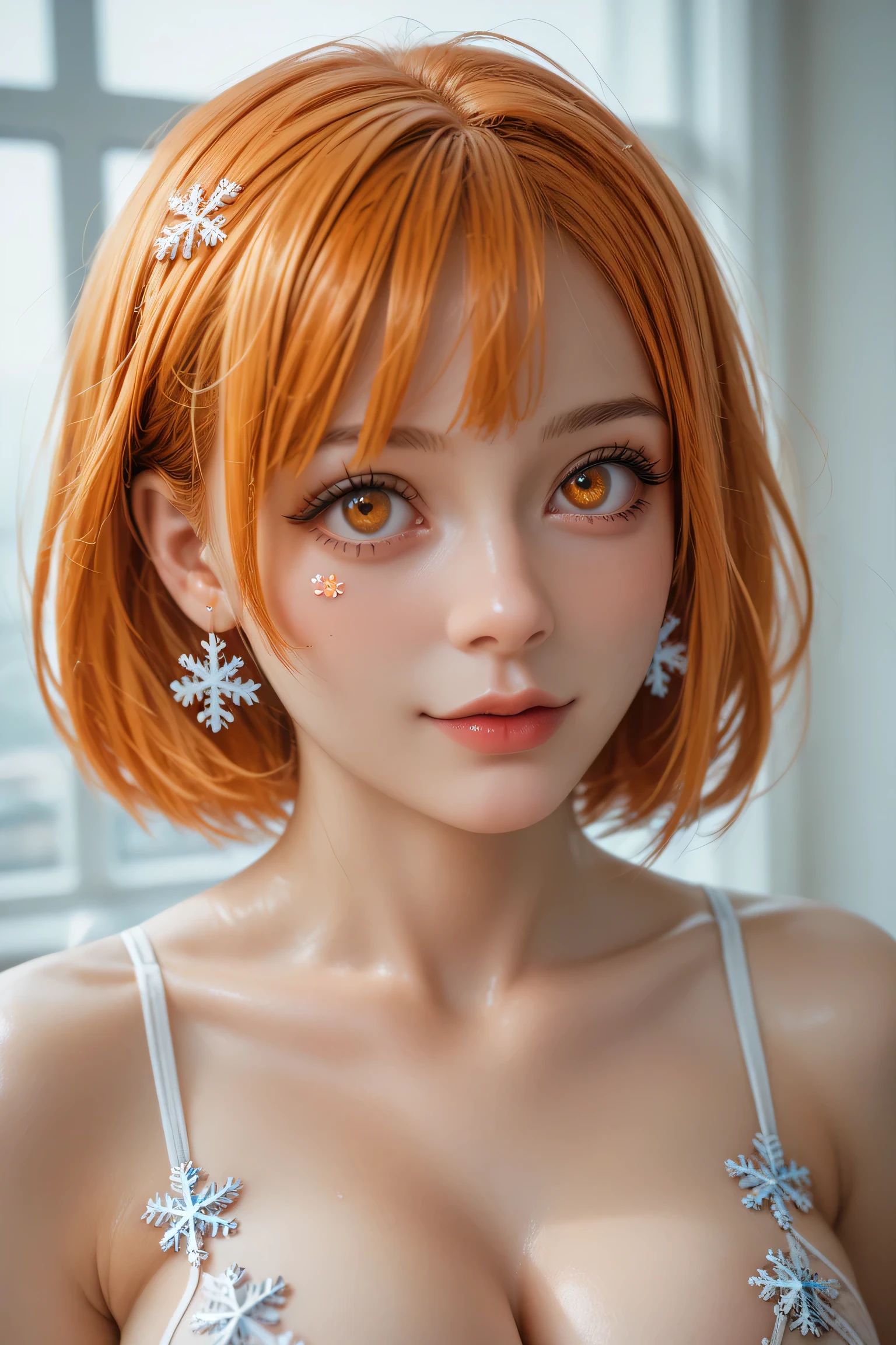 (masterpiece,  Best Quality ), 1 girl,nabara ,2d, beautiful face,( short orange hair ),( orange hair )( orange hair  de hongo ),( orange-eyed ),pesones with cold , HIGH QUALITY,ultra detailed ,  super large breasts ,  self-adhesive nipple stickers snowflake lingerie..