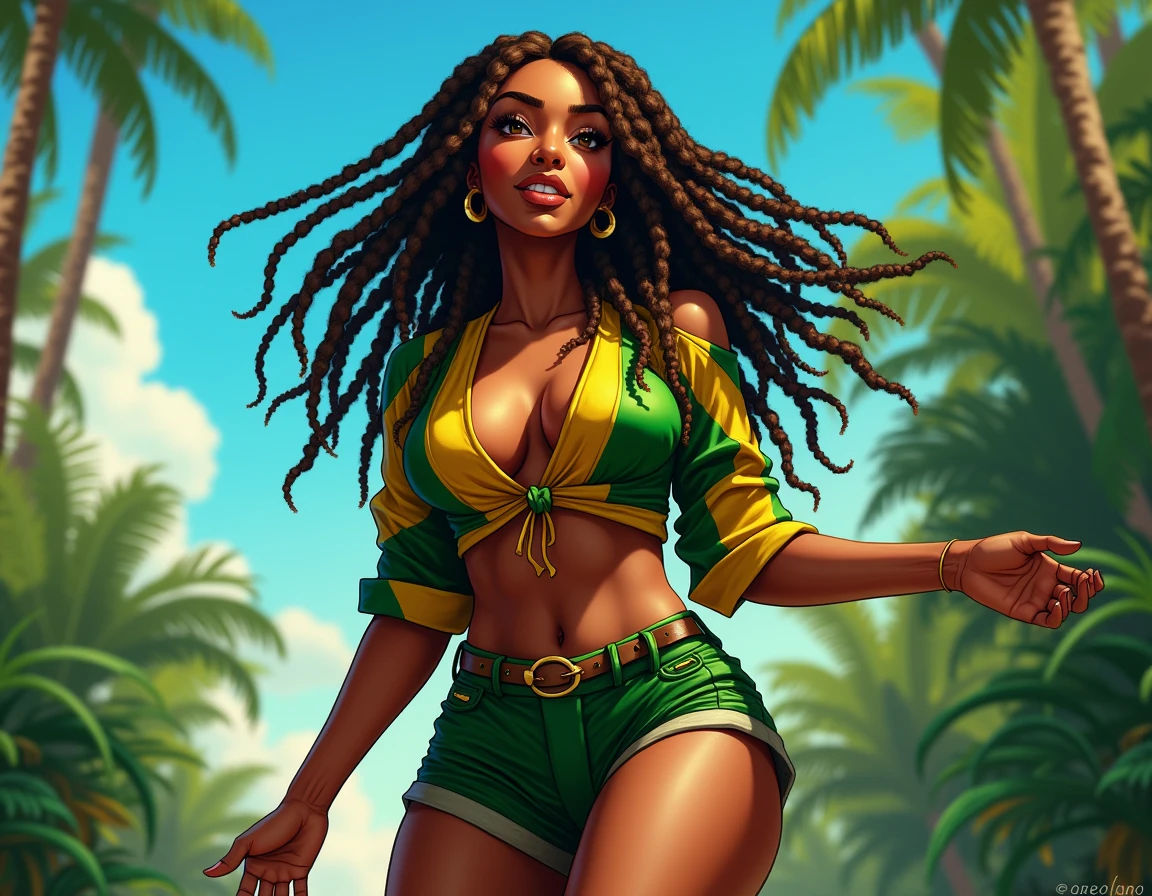 CG art of a beautiful exotic brazilian girl, 1girl, (marijuana goddess:1.2), (ganja queen:1.1), (marijuana leaf crown:1.2), (cannabis fashion:1.2), cute girl, glamor pose, smirk, eyebrow up,curvy body type, brazilian culture, Amazon Cannabis Garden Background, (paint by SamDoesArts:1.3)