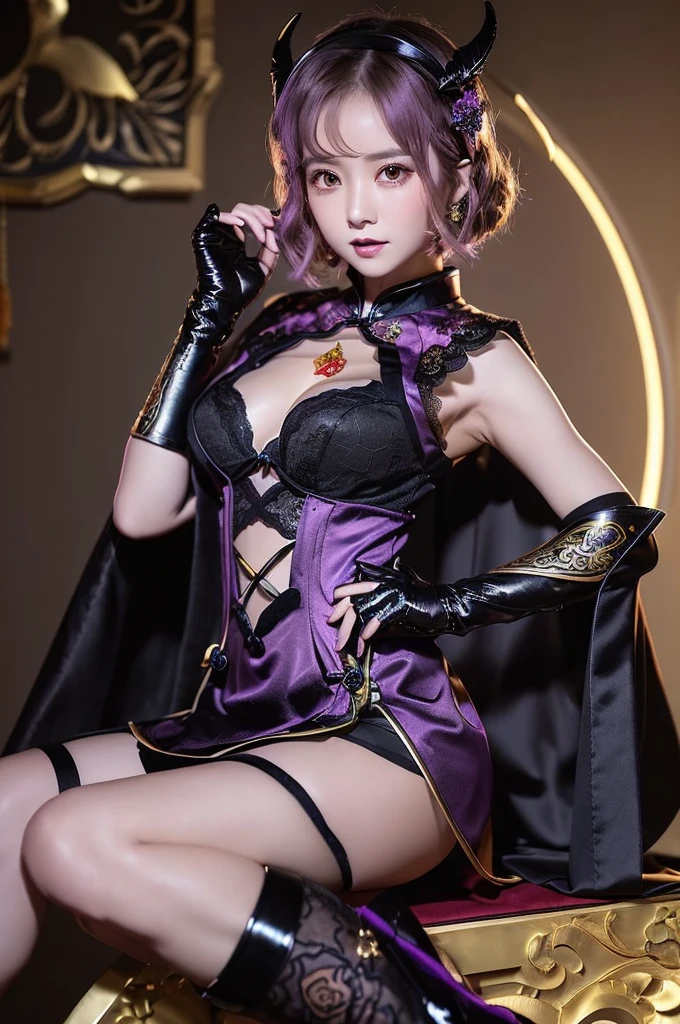 (short purple qipao-style dress with black lace accents:1.3),
(black cape with a magical talisman embroidered in gold thread on the back, adding a mystical witch element:1.2),
black lace gloves, with delicate gold symbols,
(black lace stockings:1.2),
black platform boots with gold buckles,combining modern idol style with traditional Chinese footwear elements,
(adorable black witch hat adorned with a talisman charm,sitting slightly tilted like a mischievous touch:1.1),
(lantern accessory shaped like a Jiangshi talisman:1.1)