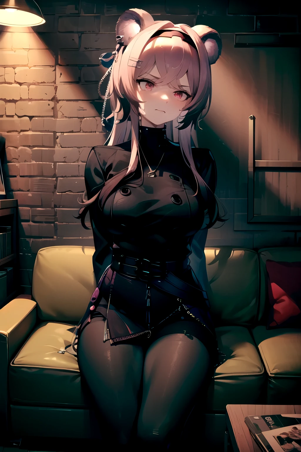  best quality, masterpiece,  high definition , 1 person, {Also_ Arknights:0.90},  (((((large breast))))), 1 girl, black_ dress, length_sleeve , looking away, indoor, cowboy_shot, closure_mouth, ((Hands Tied behind)), ((Arms behind back)), wide_sleeve , black_ pantyhose , formal_Alternine_Costume, underground, ((sweat)), ((concrete floor)), concrete wall, underground room, ((grimacing)), ((basement)), anger, pink light, midnight, dark room, lighting, sitting on the sofa, ((sitting)), ((sofa)), shrugged, (((shrugging))), shrug, Thighs together, black tights, closure legs, underground室,