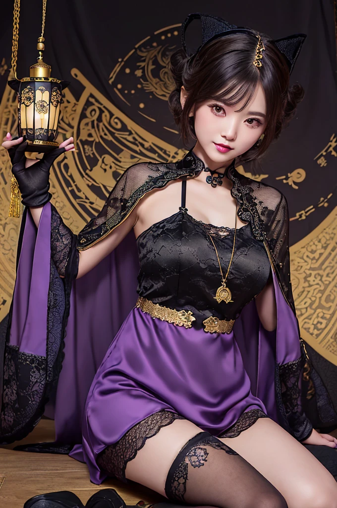 (short purple qipao-style dress with black lace accents:1.3),
(black cape with a magical talisman embroidered in gold thread on the back, adding a mystical witch element:1.2),
black lace gloves, with delicate gold symbols,
(black lace stockings:1.2),
black platform boots with gold buckles,combining modern idol style with traditional Chinese footwear elements,
(adorable black witch hat adorned with a talisman charm,sitting slightly tilted like a mischievous touch:1.1),
(lantern accessory shaped like a Jiangshi talisman:1.1)