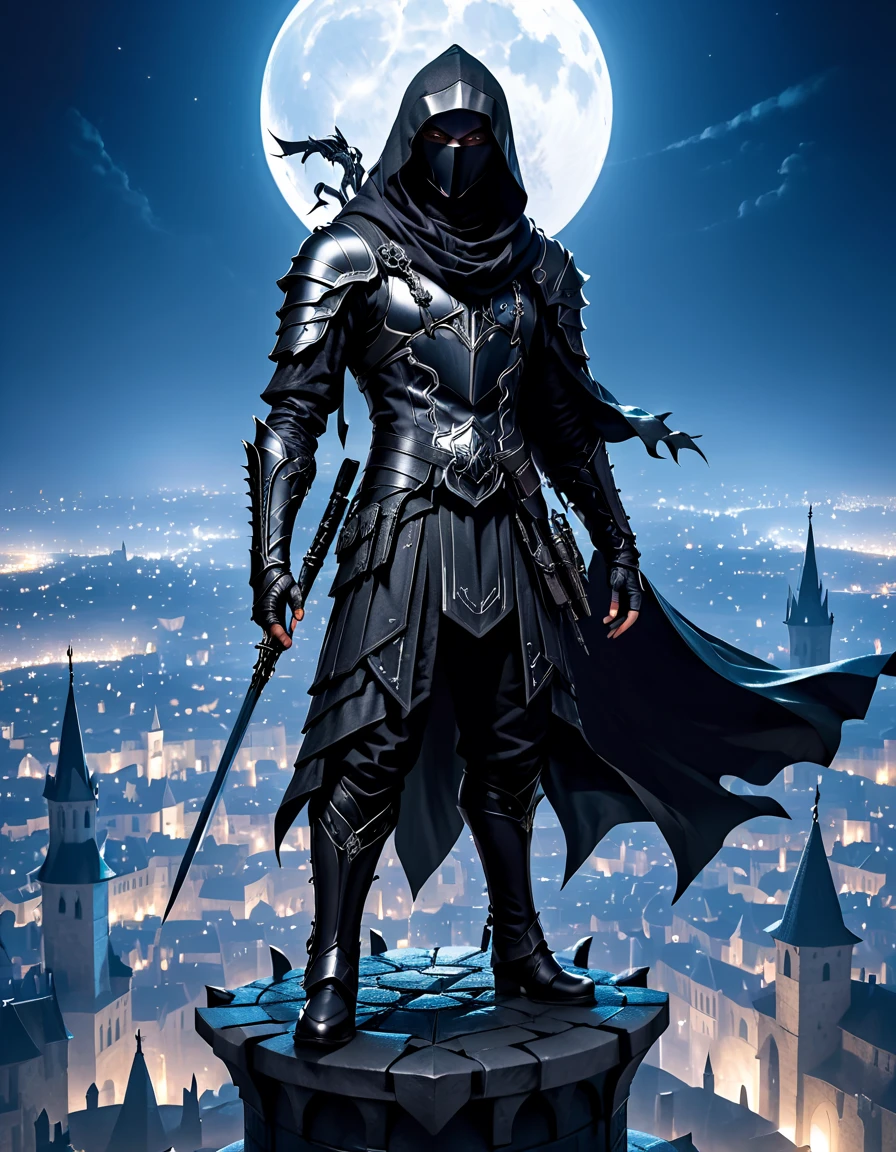 male assassin,hooded ,black armor,on top of a tower with a medieval city in the moonlight ( full body)