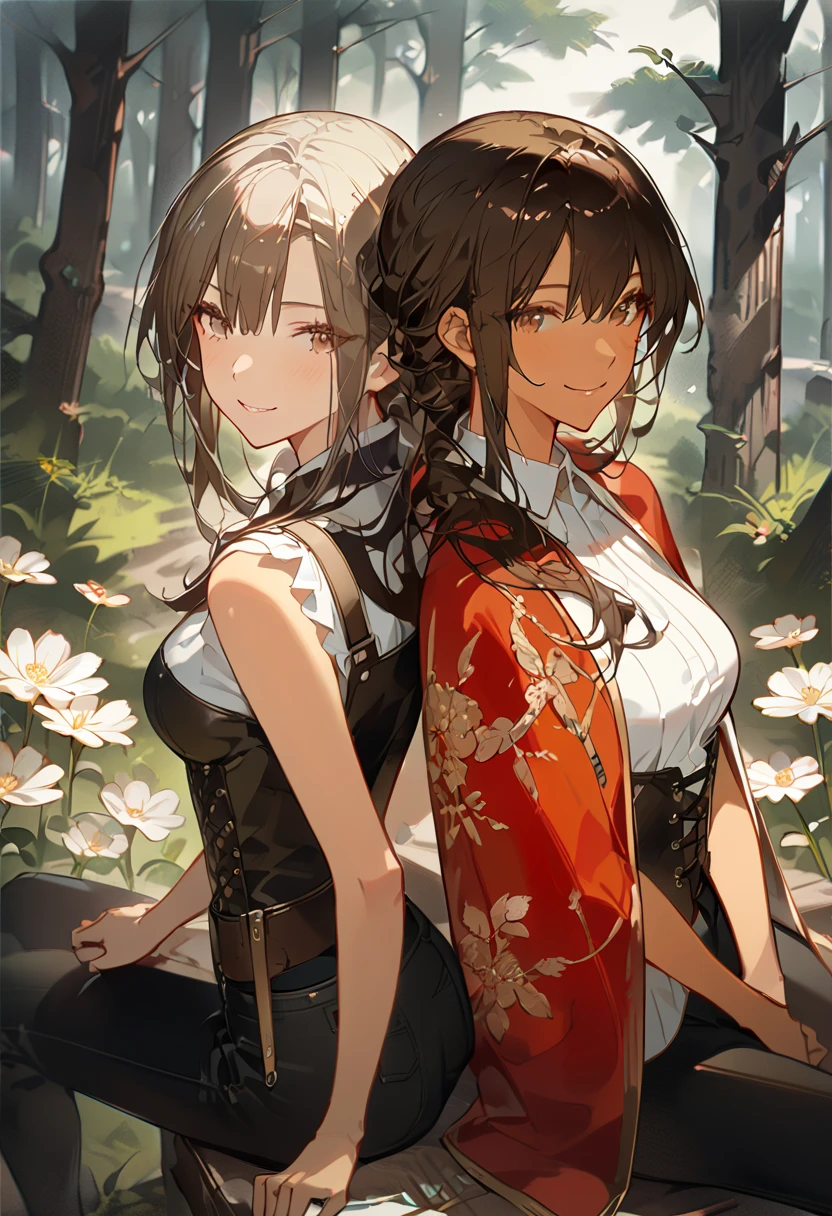 masterpiece, (2 female), (back to back), (backing each other), (backing), ((Front girl with dark brown hair), (slightly tanned skin), (long hair), (brown eyes), (smiling gently), (look away), (white shirt), (shirt by the shoulder), (leather corset), (black long pants), (sitting)), ((Back female on the background), (white long hair on the background), (black clothes with red cape), (face slightly facing up)), flower field, forest background, camera pov from above slightly to the side, (only showing black hair female face), (white hair female on the back side), 8k ,4k , best quality, high quality, masterpiece, embroidery  clothes, big chest, all kind of hairstyle, inspired by Asukaziye artist : ask, art style : ask